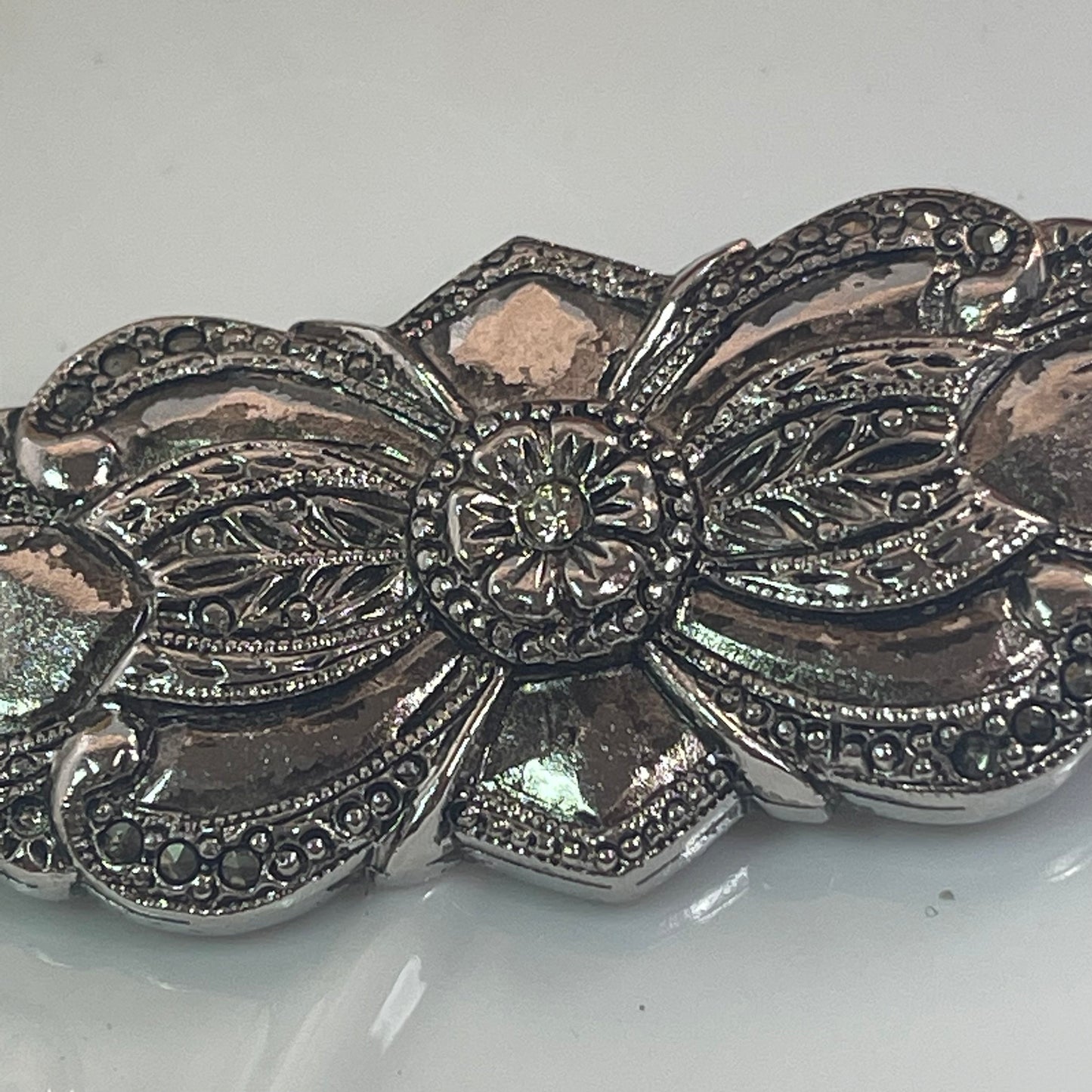 Vintage Brooch Victorian Era Pin Design Diamond Chip Stone with 20 Genuine Marcasite Stones, 18kt White Gold Electroplated Antique Design