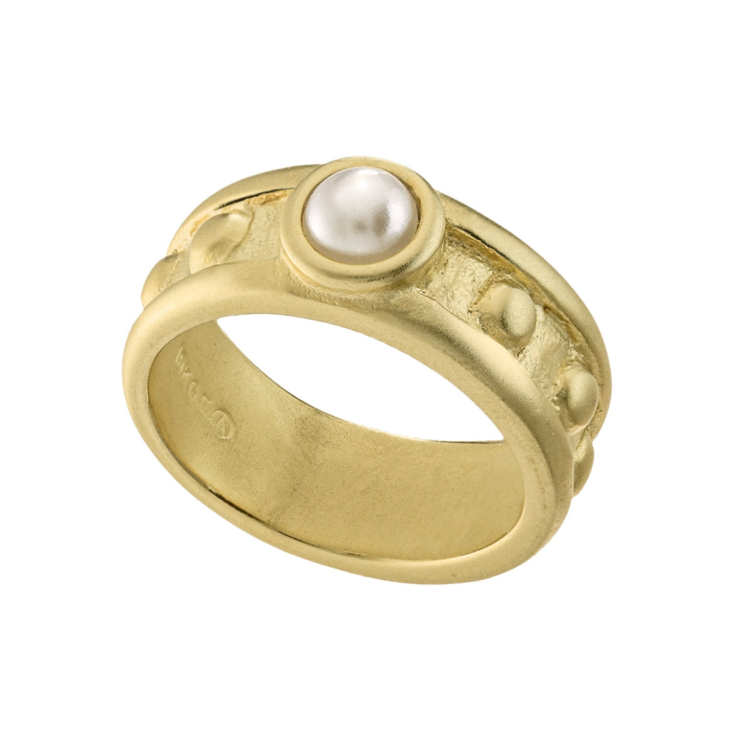 Vintage 1970's Glass Pearl Ring 18k Brushed Yellow Gold Electroplated Made in USA