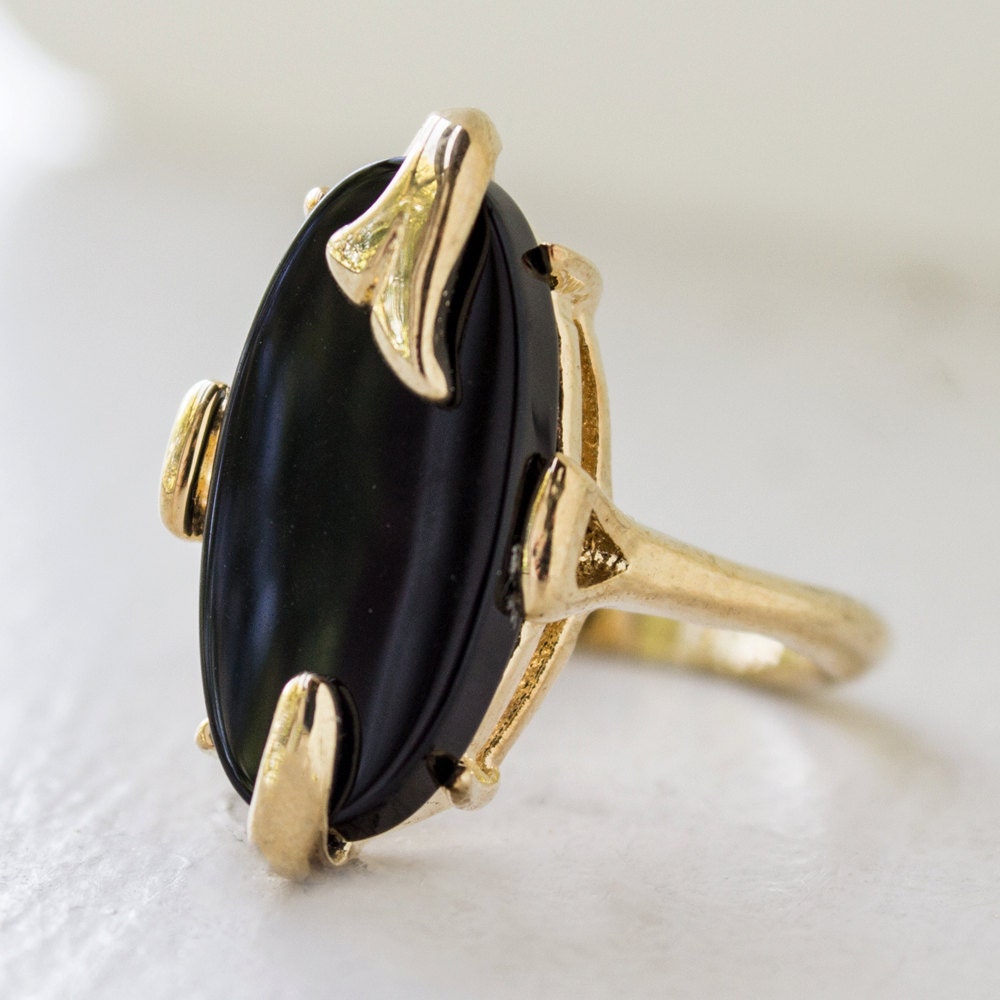 Vintage Genuine Onyx 18k Gold Plated Cocktail Ring Made in USA #R2998