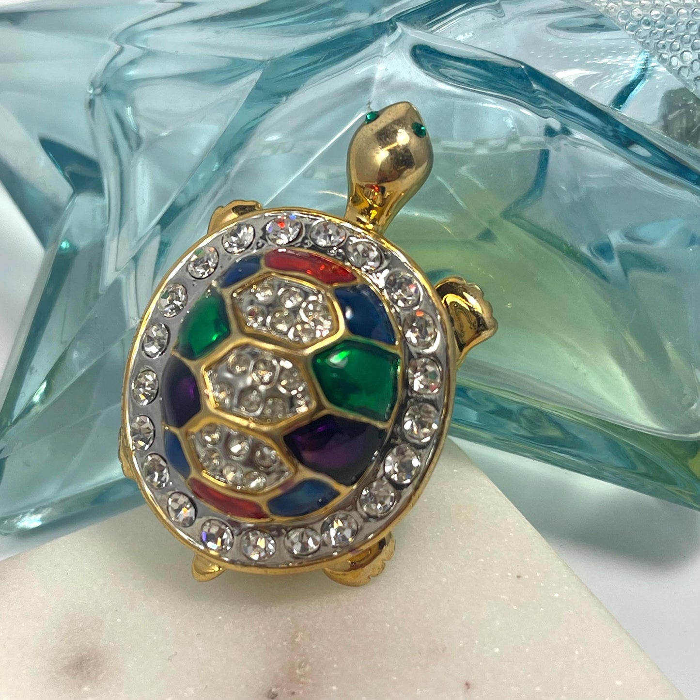 Hand Crafted Turtle Pin Clear Austrian Crystals and Emerald Crystal Eyes Antique Brooch for Women Colorful Hand Painted Gift for Women