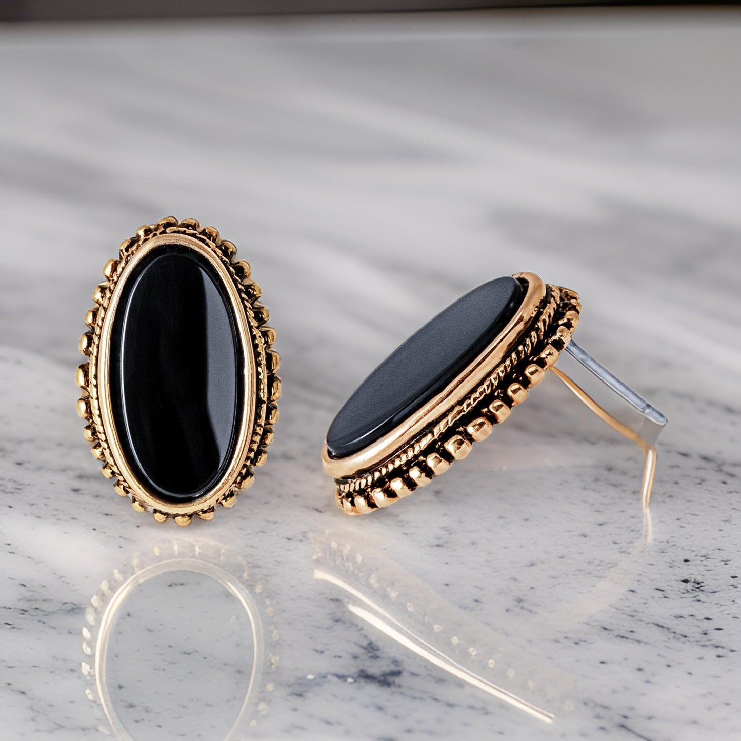 Vintage Earrings Genuine Onyx Stones Antique 18k Gold E268