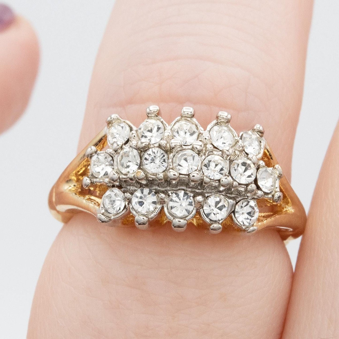 Vintage Austrian Crystal Cocktail Ring 18k Gold Electroplated Womans Jewelry