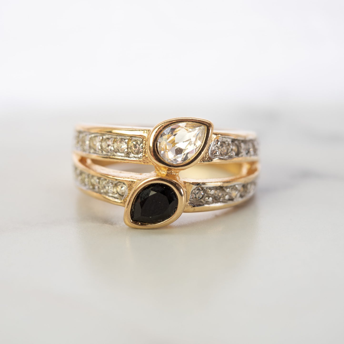 Vintage Women's Ring Black or Amethyst and Clear Crystal Cocktail Ring 18k Gold Electroplated