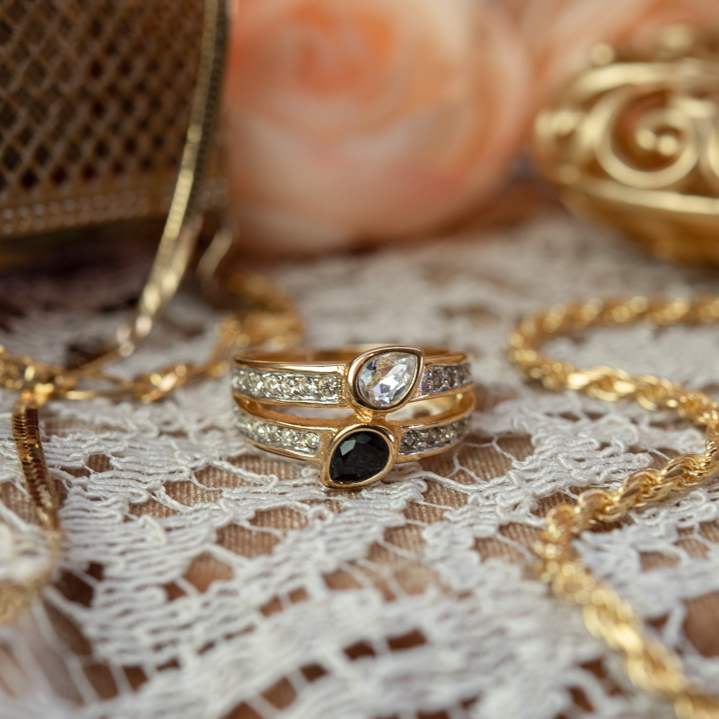 Vintage Women's Ring Black or Amethyst and Clear Crystal Cocktail Ring 18k Gold Electroplated