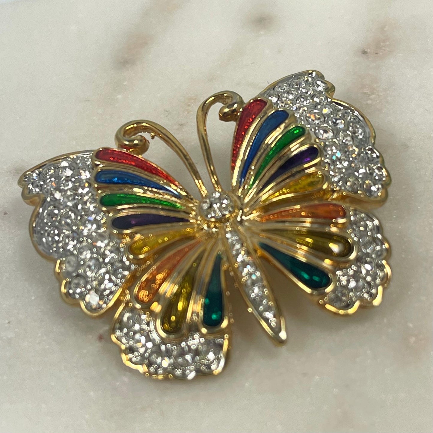 Hand Crafted Pin Clear Austrian Crystals Antique Brooch for Women Only 1 Colorful Hand Painted Butterfly Rebirth Symbal