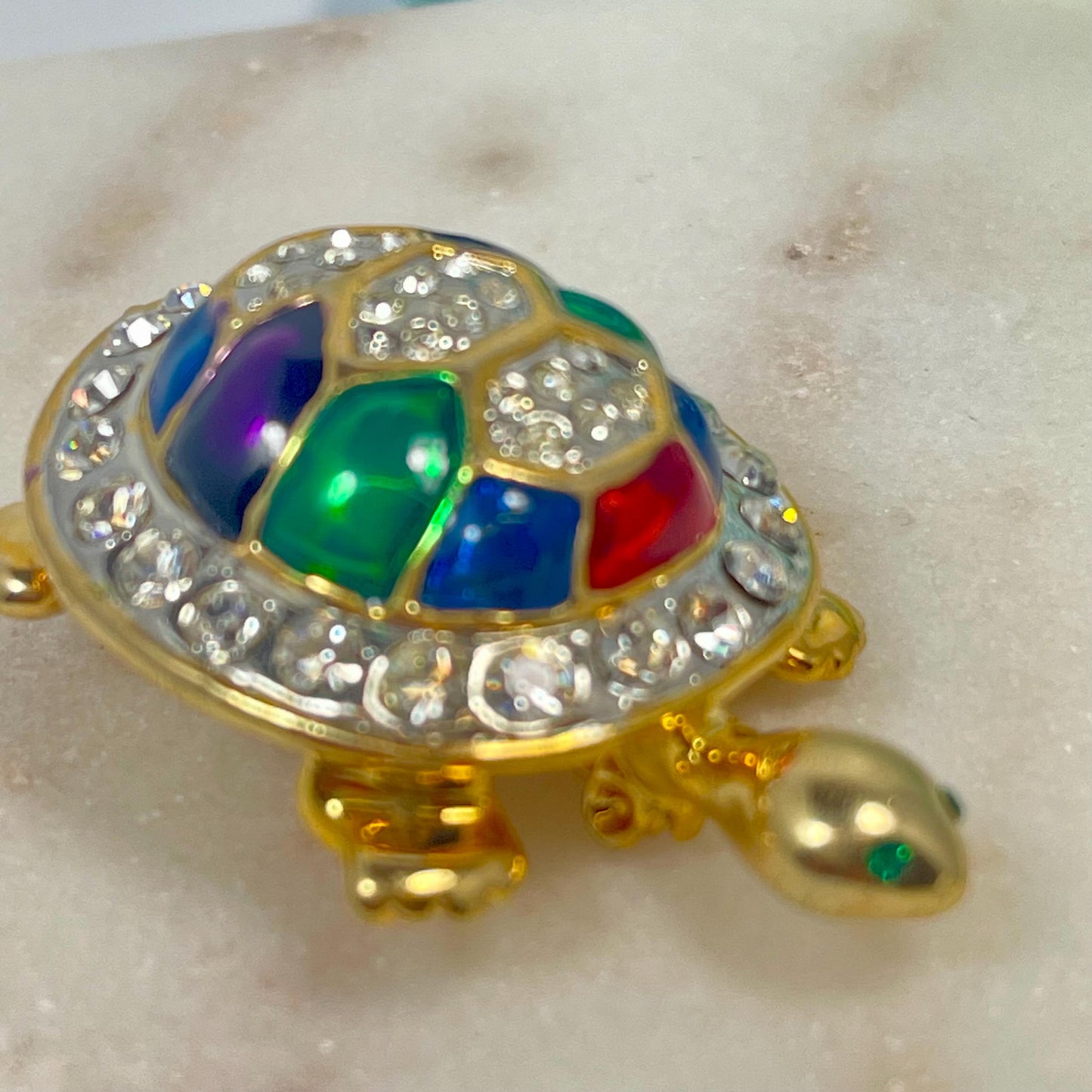 Hand Crafted Turtle Pin Clear Austrian Crystals and Emerald Crystal Eyes Antique Brooch for Women Colorful Hand Painted Gift for Women