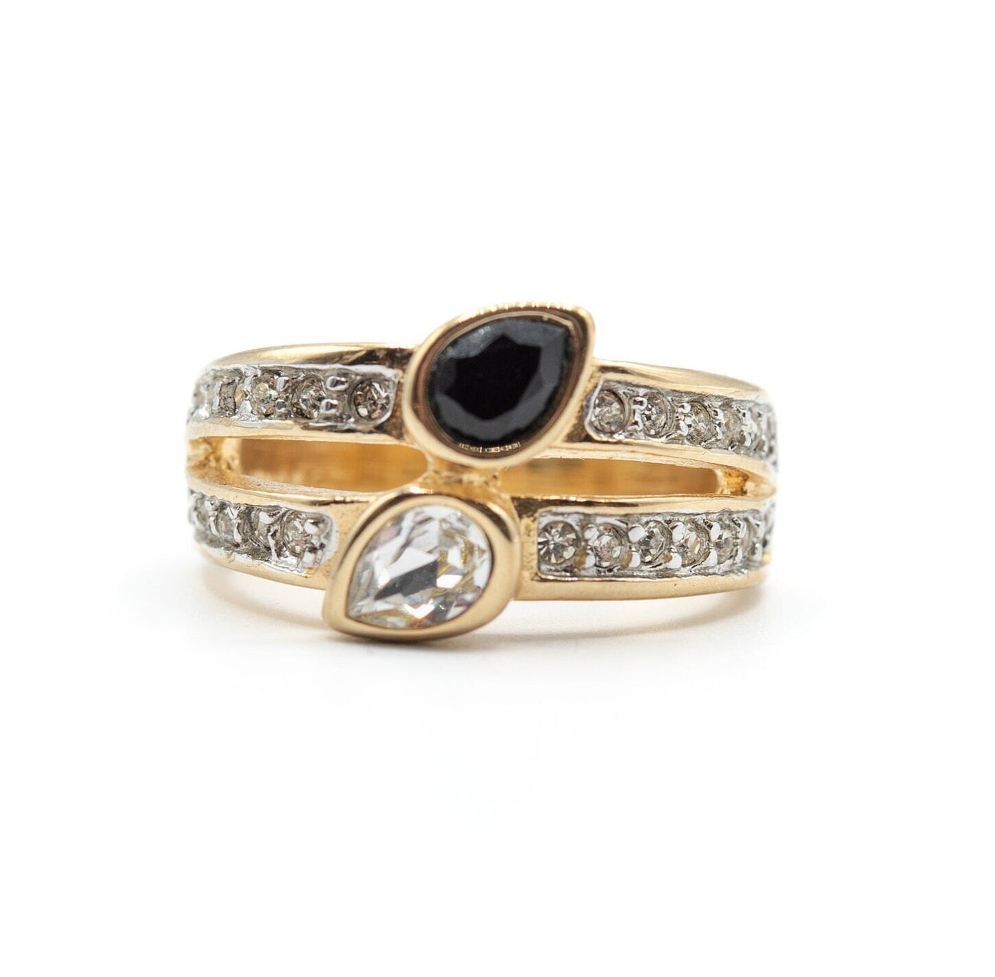 Vintage Women's Ring Black or Amethyst and Clear Crystal Cocktail Ring 18k Gold Electroplated
