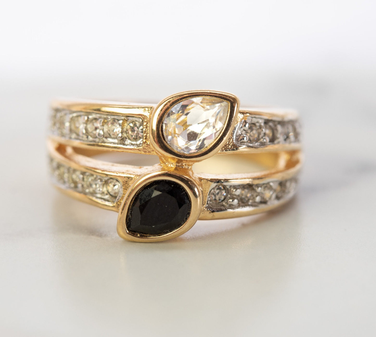 Vintage Women's Ring Black or Amethyst and Clear Crystal Cocktail Ring 18k Gold Electroplated