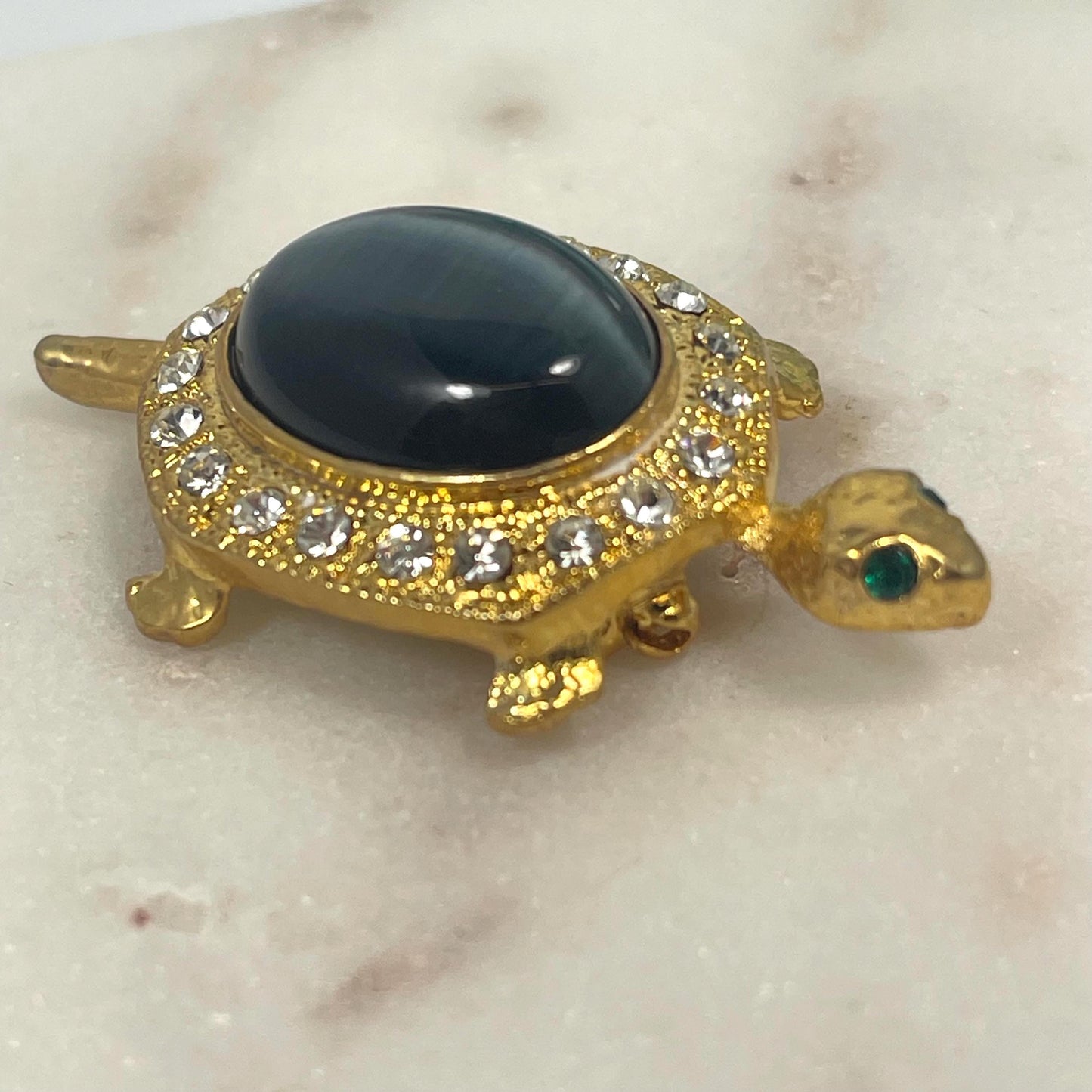 Hand Crafted Turtle Pin Genuine Gray Cat's Eye Surrounded by Clear Austrian Crystals and Emerald Crystal Eyes Antique Brooch for Women
