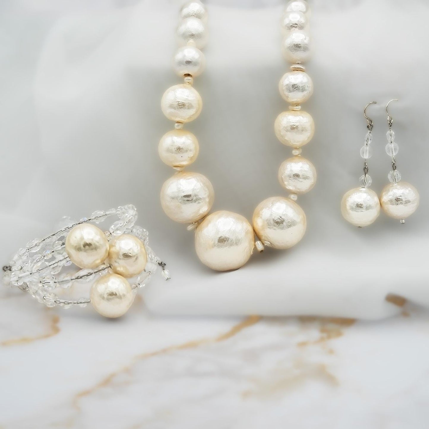 Vintage Earrings Oscar de la Renta Faux Pearl Ball and Faceted Clear Glass Earrings 2 Inches Long Very Light Fish Hook