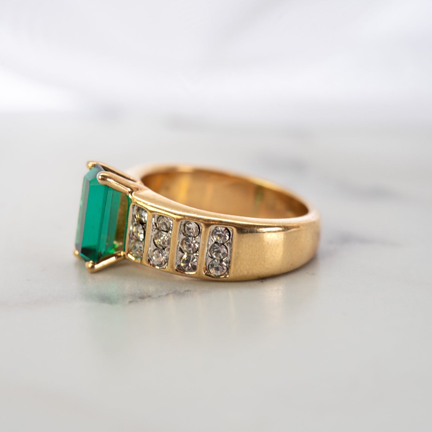 Women's Vintage Ring Emerald and Clear Crystals 18kt Gold Electroplate Women's Antique Ring May Birthstone