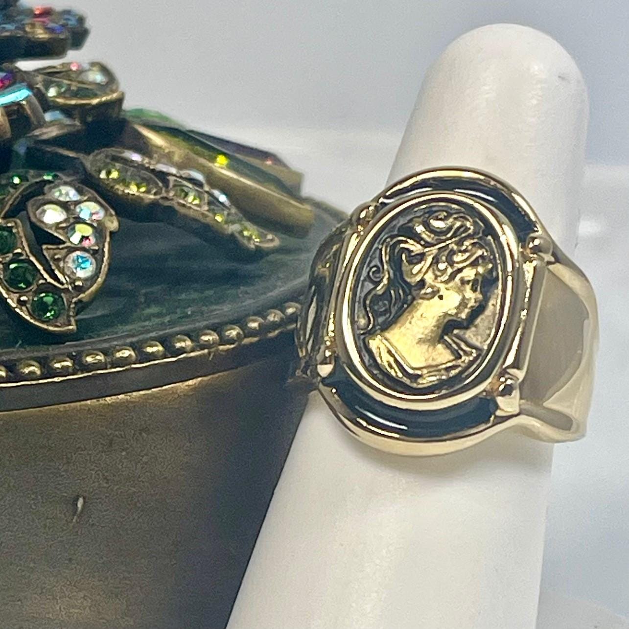 Vintage Womens Gold Cameo 18k Yellow Gold Electroplated Ring Hand Painted Epoxy Made in USA Victorian Rings Silhouette Cameo