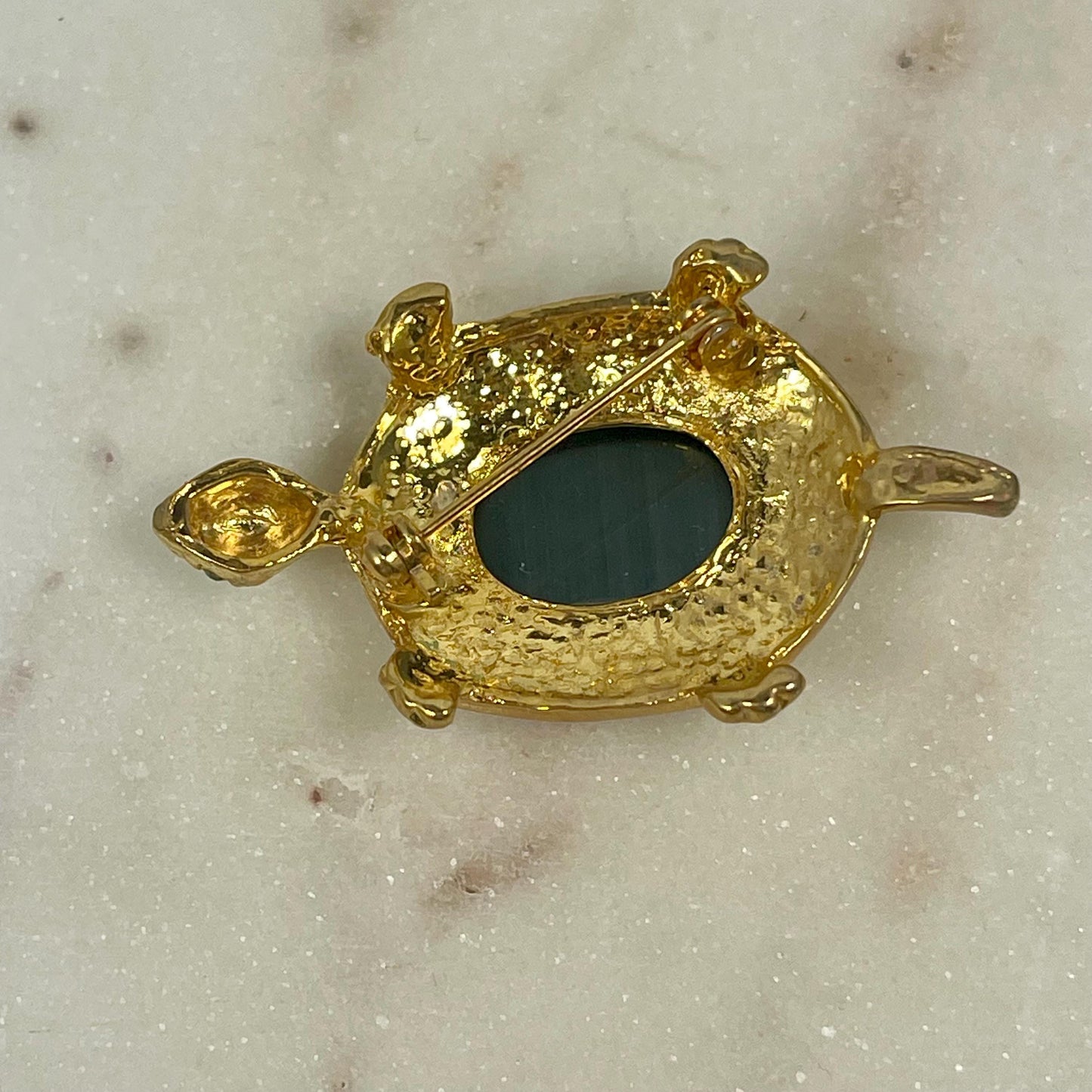 Hand Crafted Turtle Pin Genuine Gray Cat's Eye Surrounded by Clear Austrian Crystals and Emerald Crystal Eyes Antique Brooch for Women