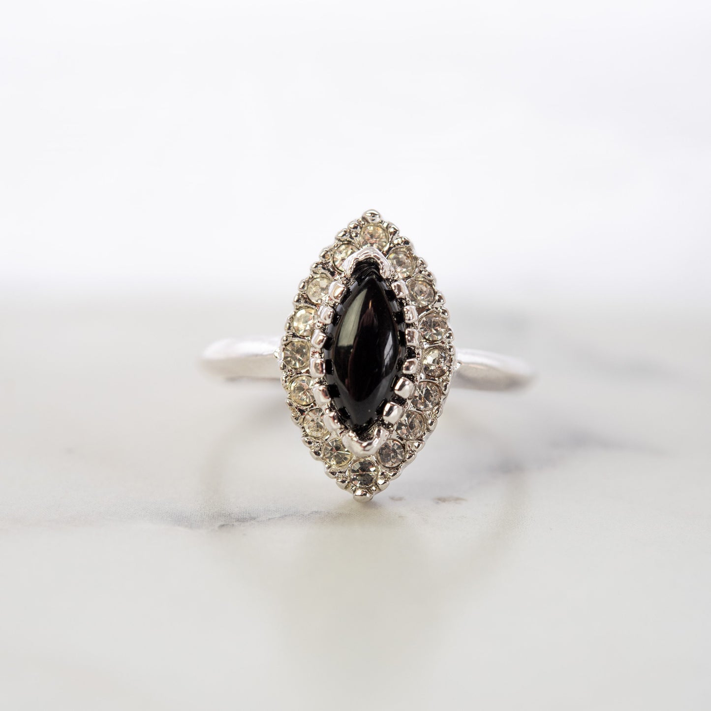 Vintage Womens Ring Genuine Onyx or Zircon Crystal Ring Clear 18k White Gold Electroplated