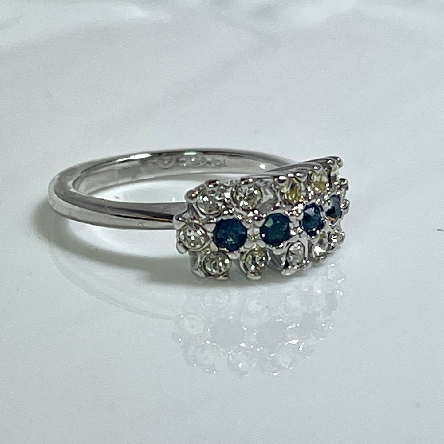 Vintage Ring Emerald or Sapphire and Clear Austrian Crystals 18k Gold Electroplated Cluster Made in USA