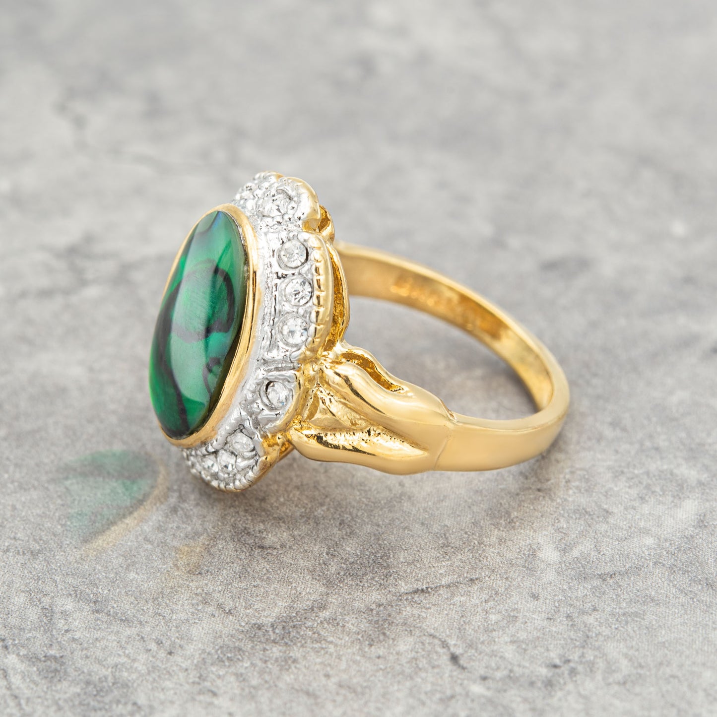 Genuine Pink, Blue, or Green, Abalone Stone Ring Vintage 1970s 18k Yellow Gold Plated Clear Austrian Crystals Woman's Handmade Jewelry #R1730