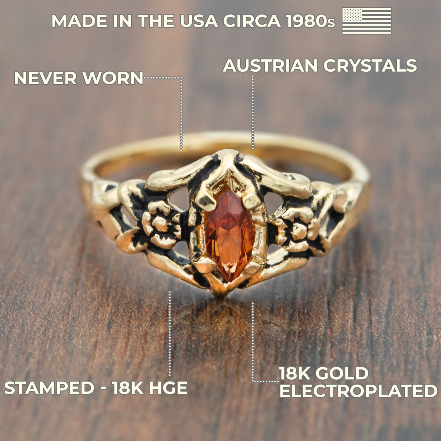Vintage Austrian Crystal or Genuine Topaz Stone Ring 18k Gold Electroplated Made in the USA