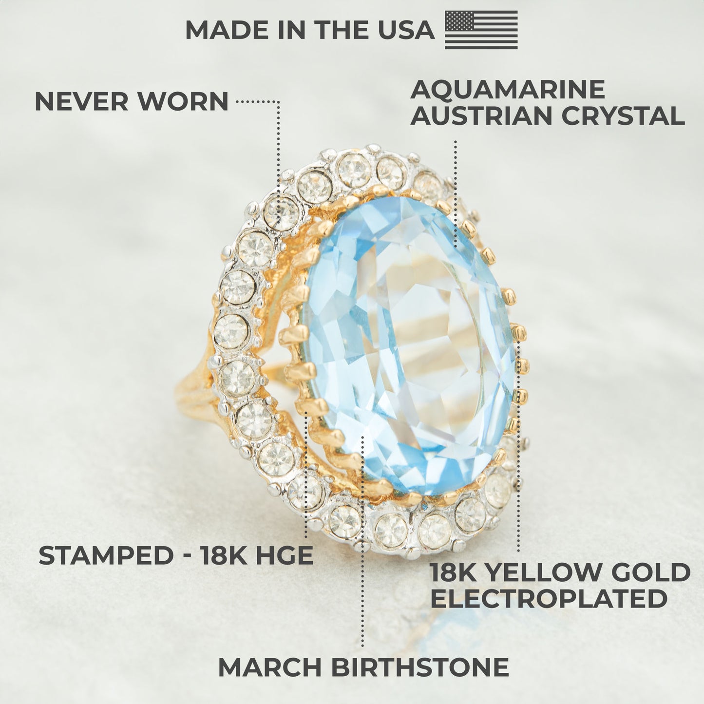 Vintage Women's Statement Crystal Cocktail Ring 18k Gold Electroplated