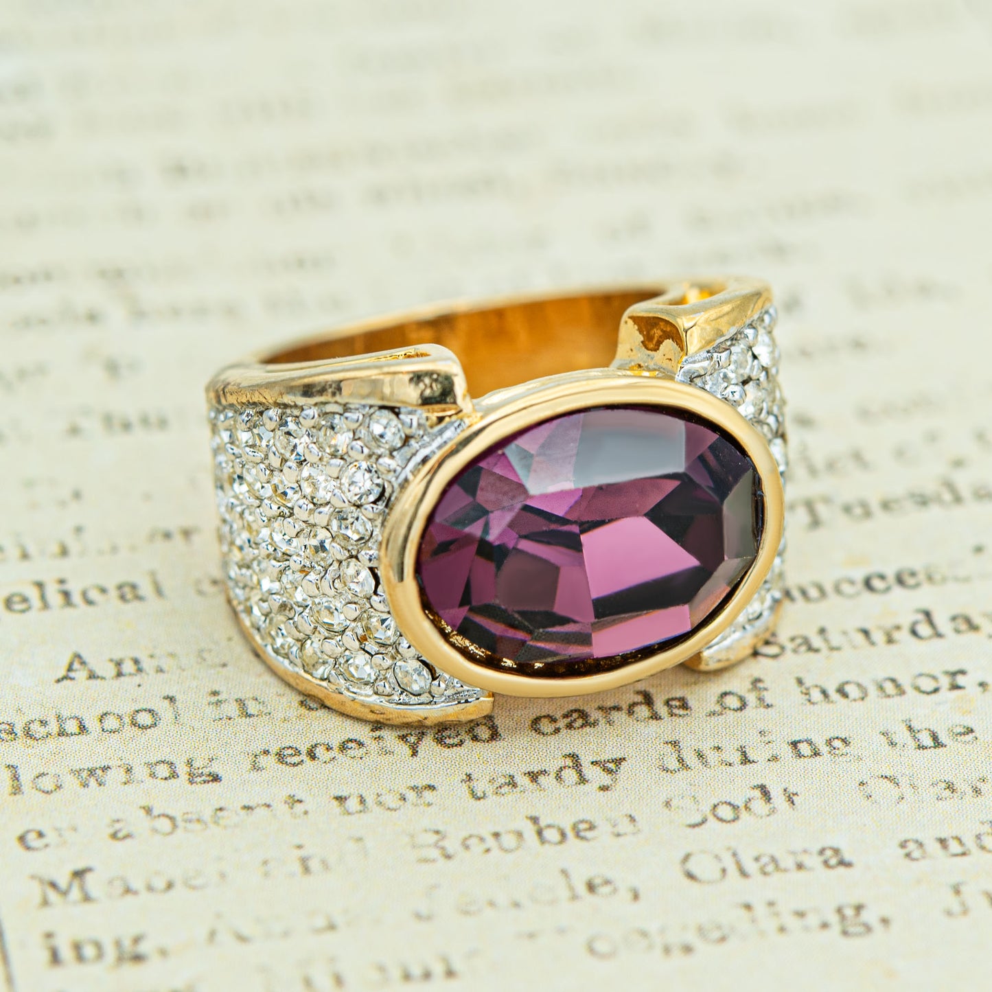 Women's Vintage Ring Genuine Stones, Austrian Crystals Cocktail Ring 18k Yellow Gold Electroplated R1934