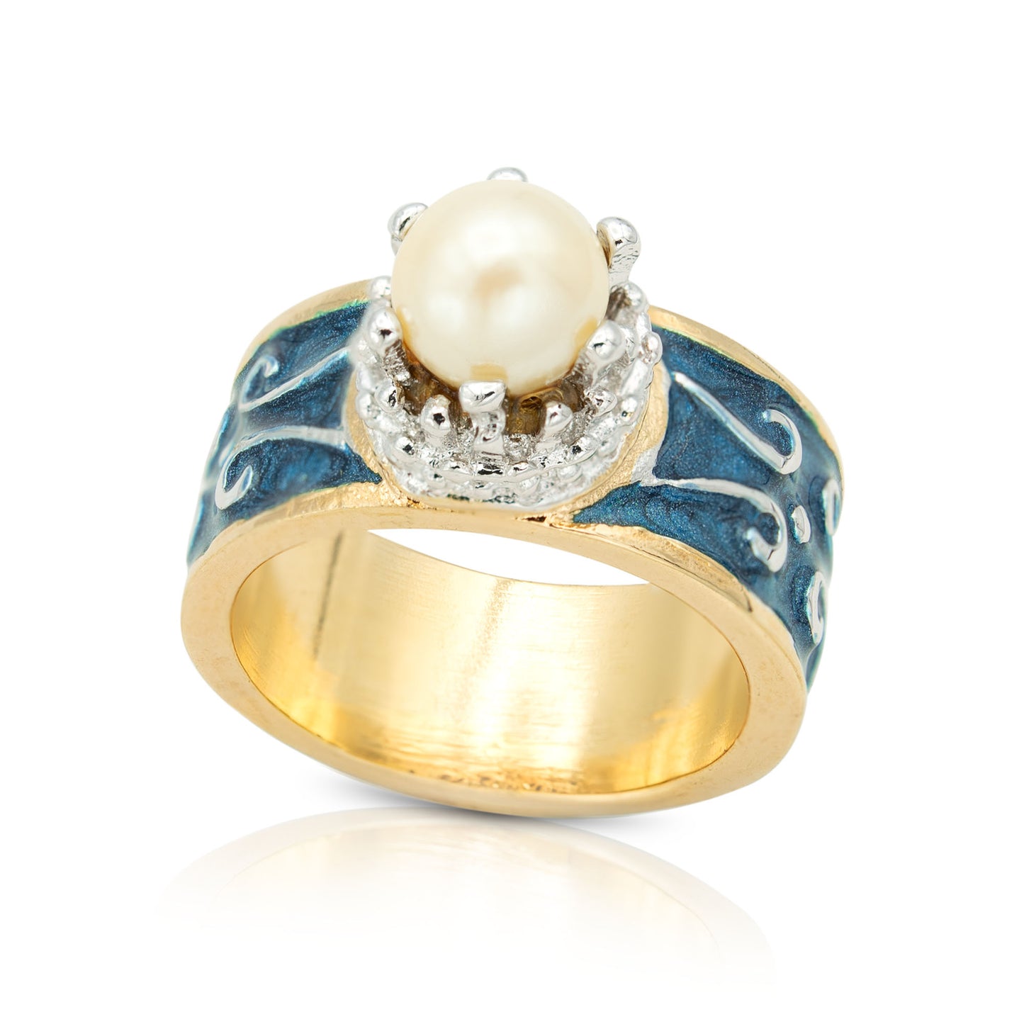 Vintage 1980s Royal Crown Hand Painted Enamel Ring with Pearl Bead 18k Gold Plated #R9014
