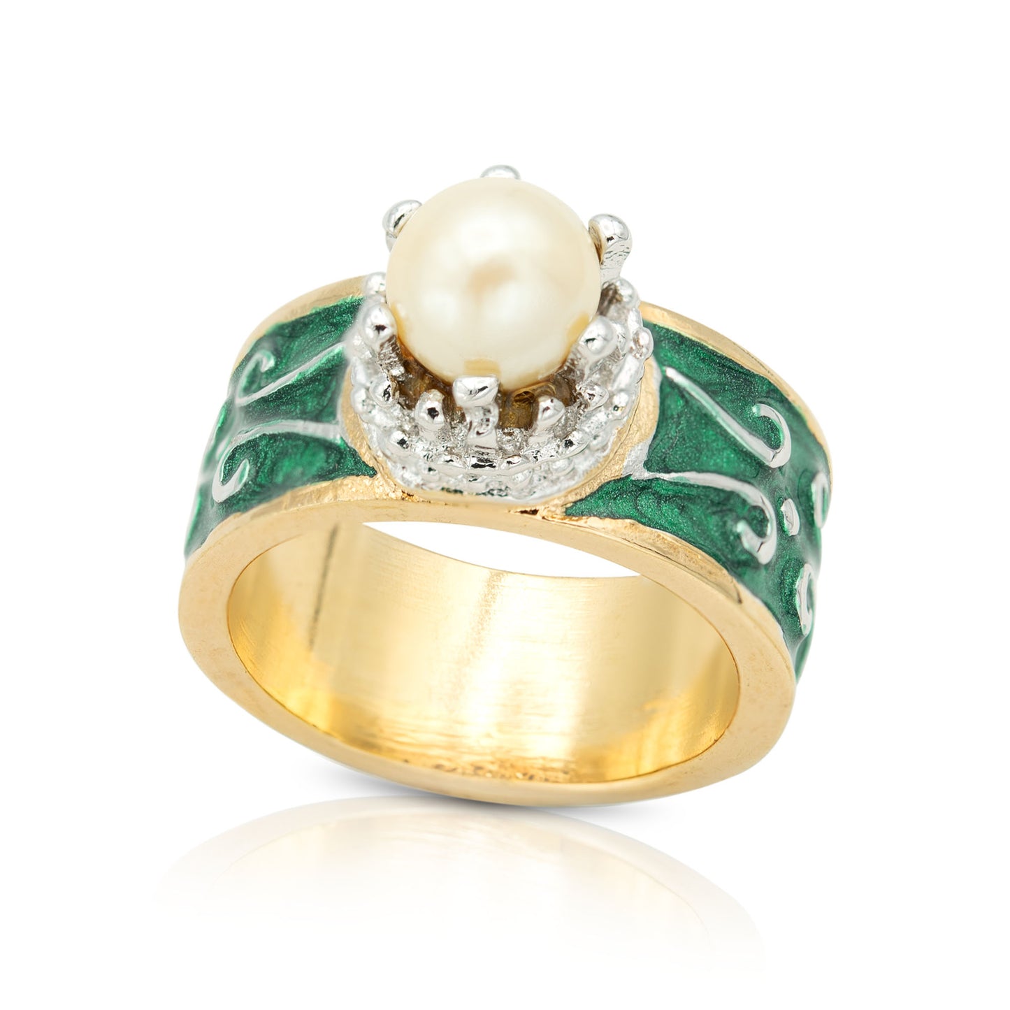 Vintage 1980s Royal Crown Hand Painted Enamel Ring with Pearl Bead 18k Gold Plated #R9014