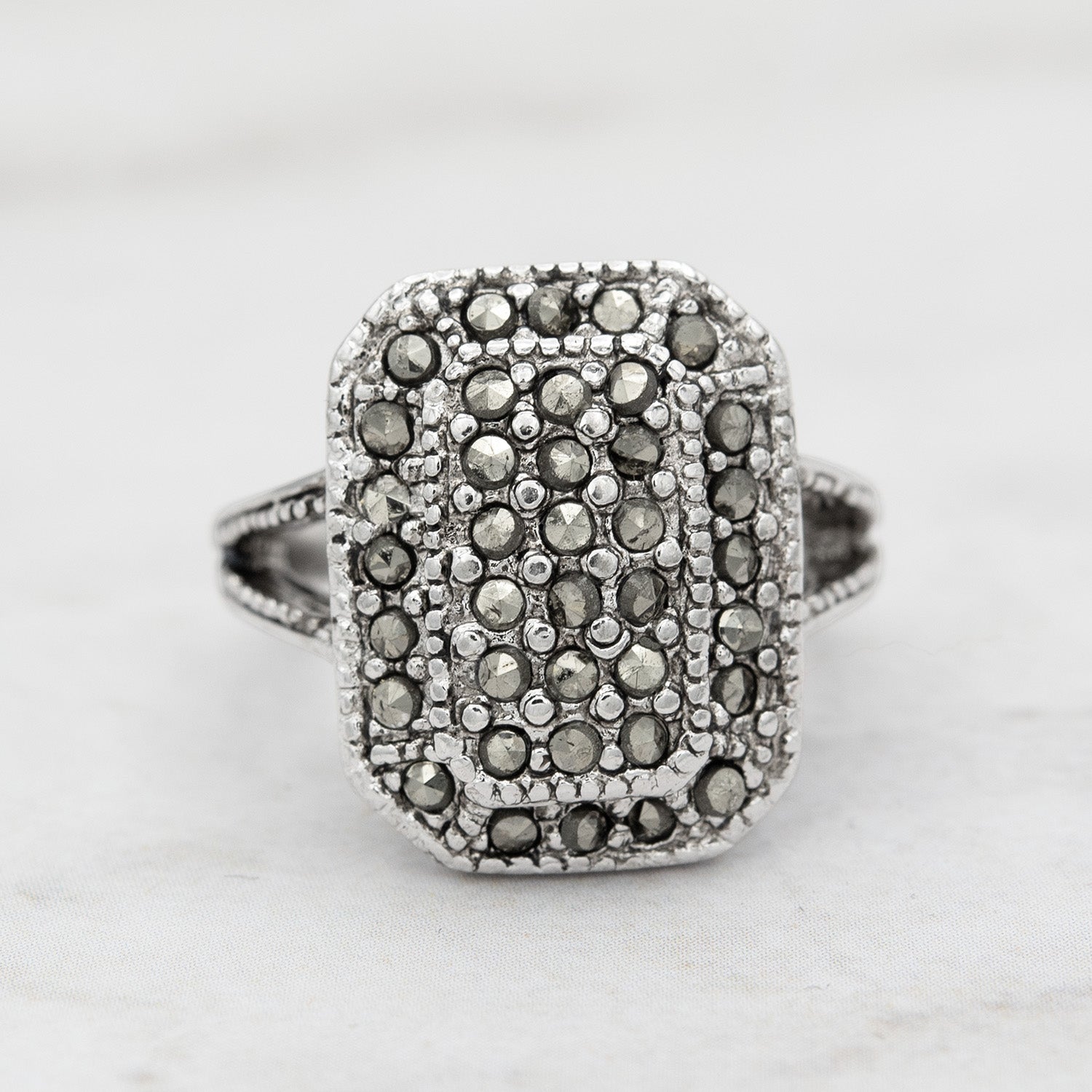 Vintage Ring Genuine Marcasite Pavé Ring Antique 18k White Gold Silver R1671 PVD Vintage Jewelry
