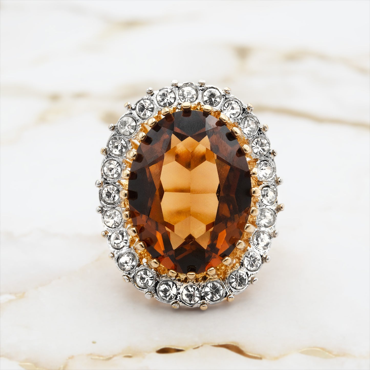 Vintage Women's Statement Crystal Cocktail Ring 18k Gold Electroplated
