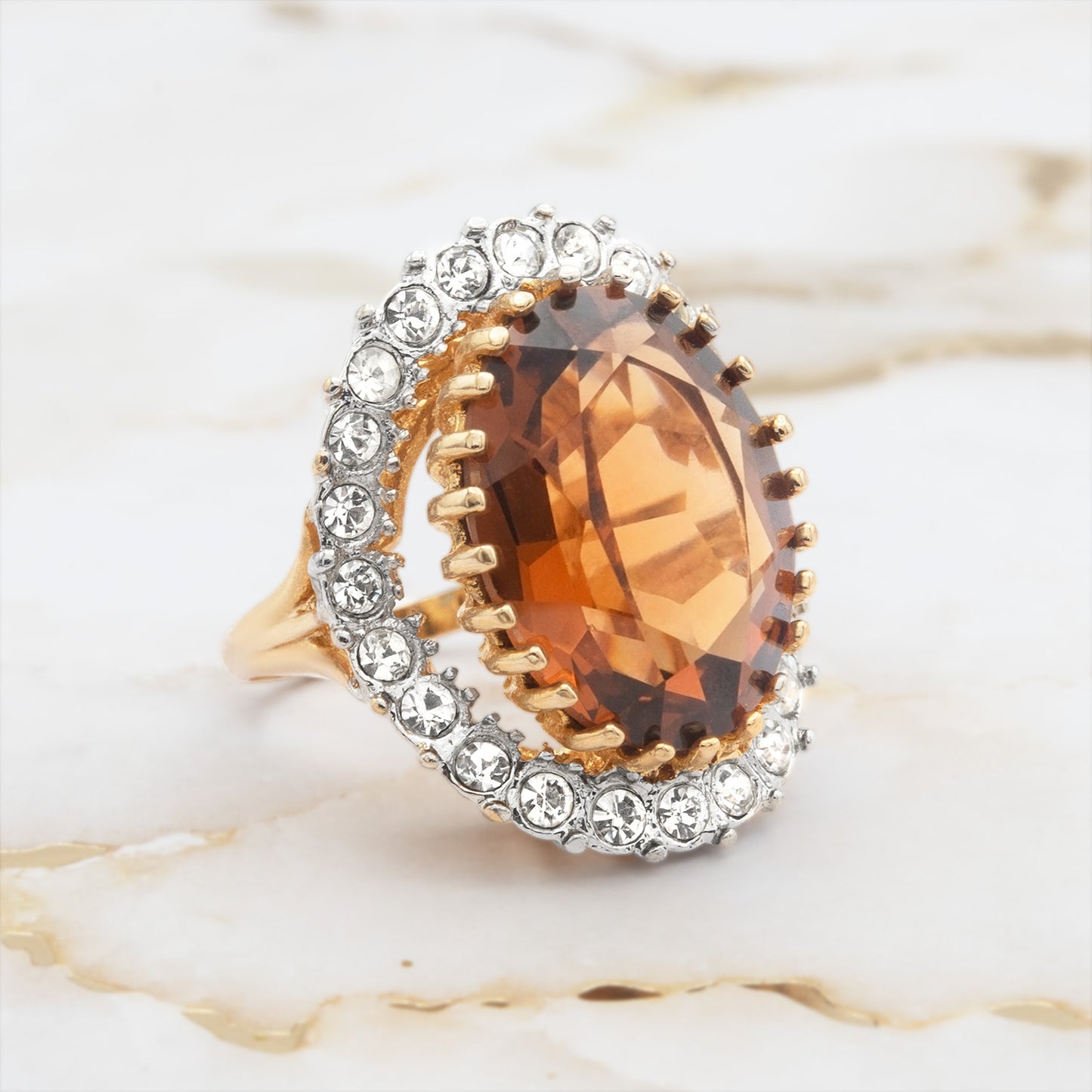 Vintage Women's Statement Crystal Cocktail Ring 18k Gold Electroplated