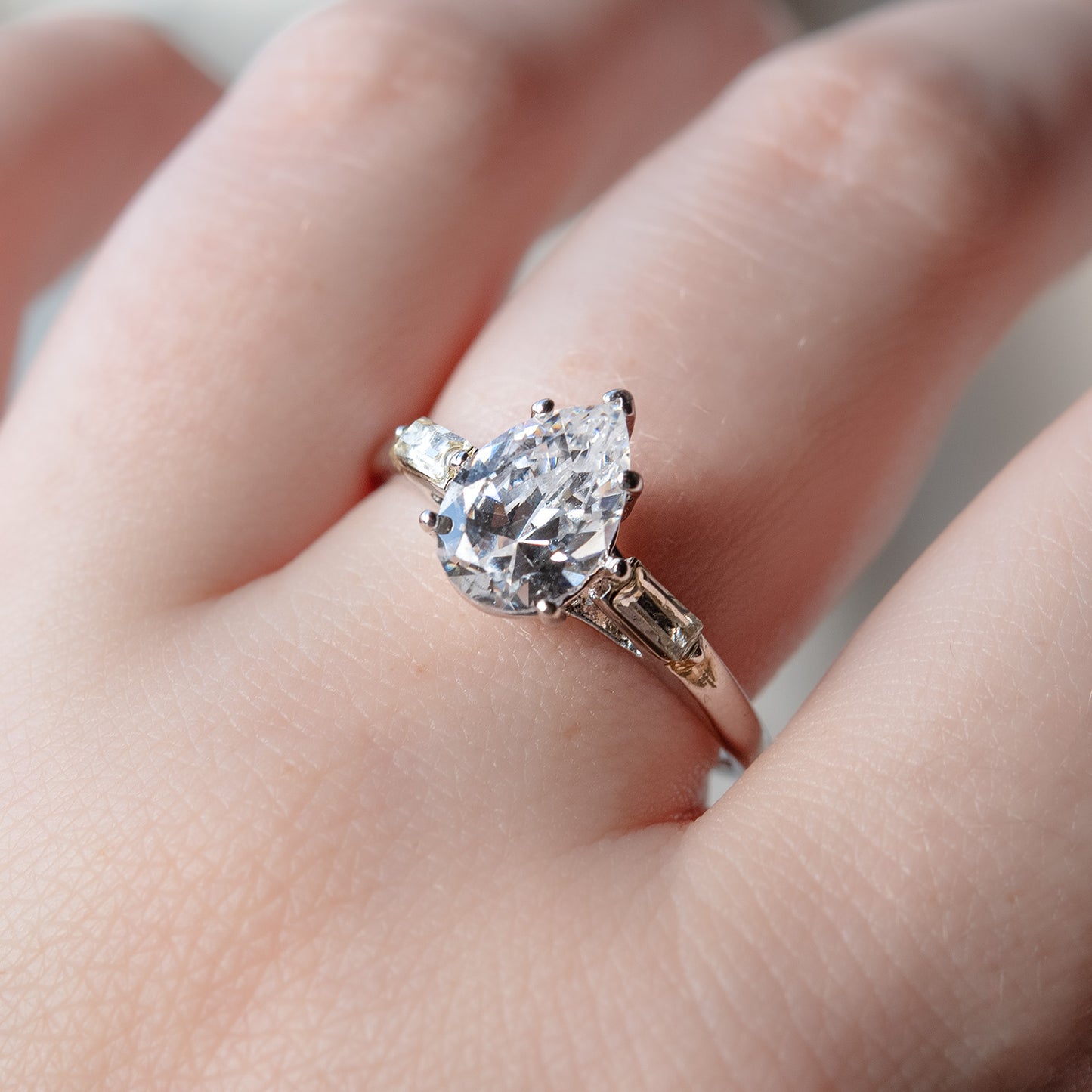 Vintage Ring Pear Cubic Zirconia Engagement Style Ring 18k White Gold Silver Antique Womans Engagement R1897 Size: 10