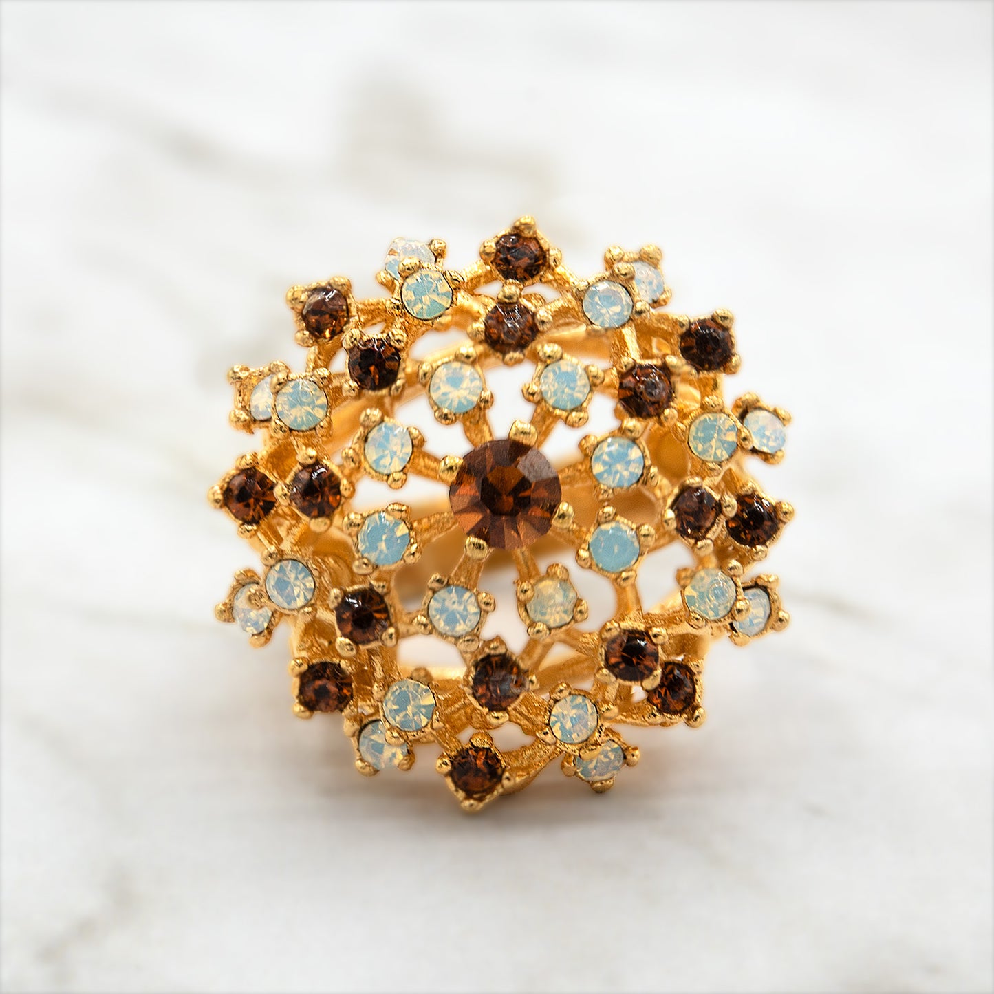 Vintage Ring Genuine Opals and Crystals 18k Gold Electroplated Statement Rings