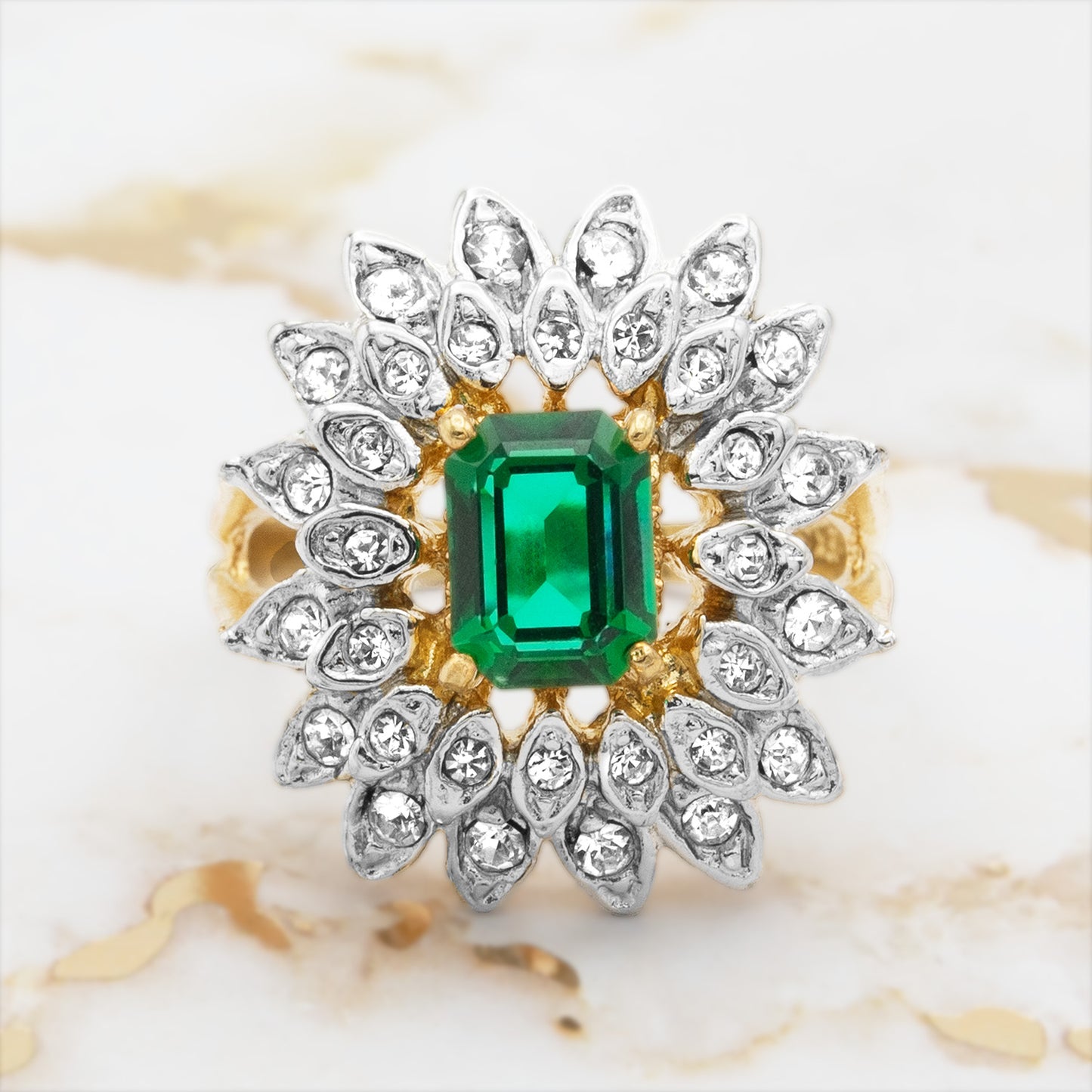 Vintage Ring 1970's Emerald Cut Crystal Surrounded by Clear Crystals 18k Gold Electroplated Women's Statement Cocktail Birthstone Ring