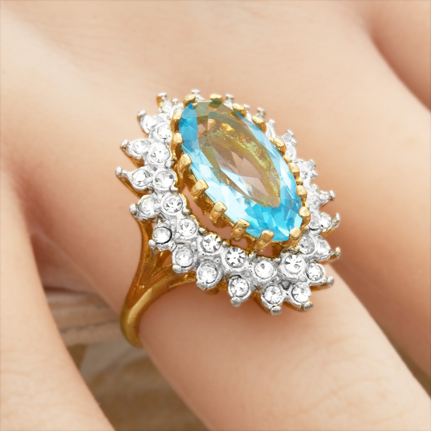 Vintage Ring Austrian Crystal Cocktail Ring 18k Yellow or White Gold Electroplated Antique Womans Jewelry