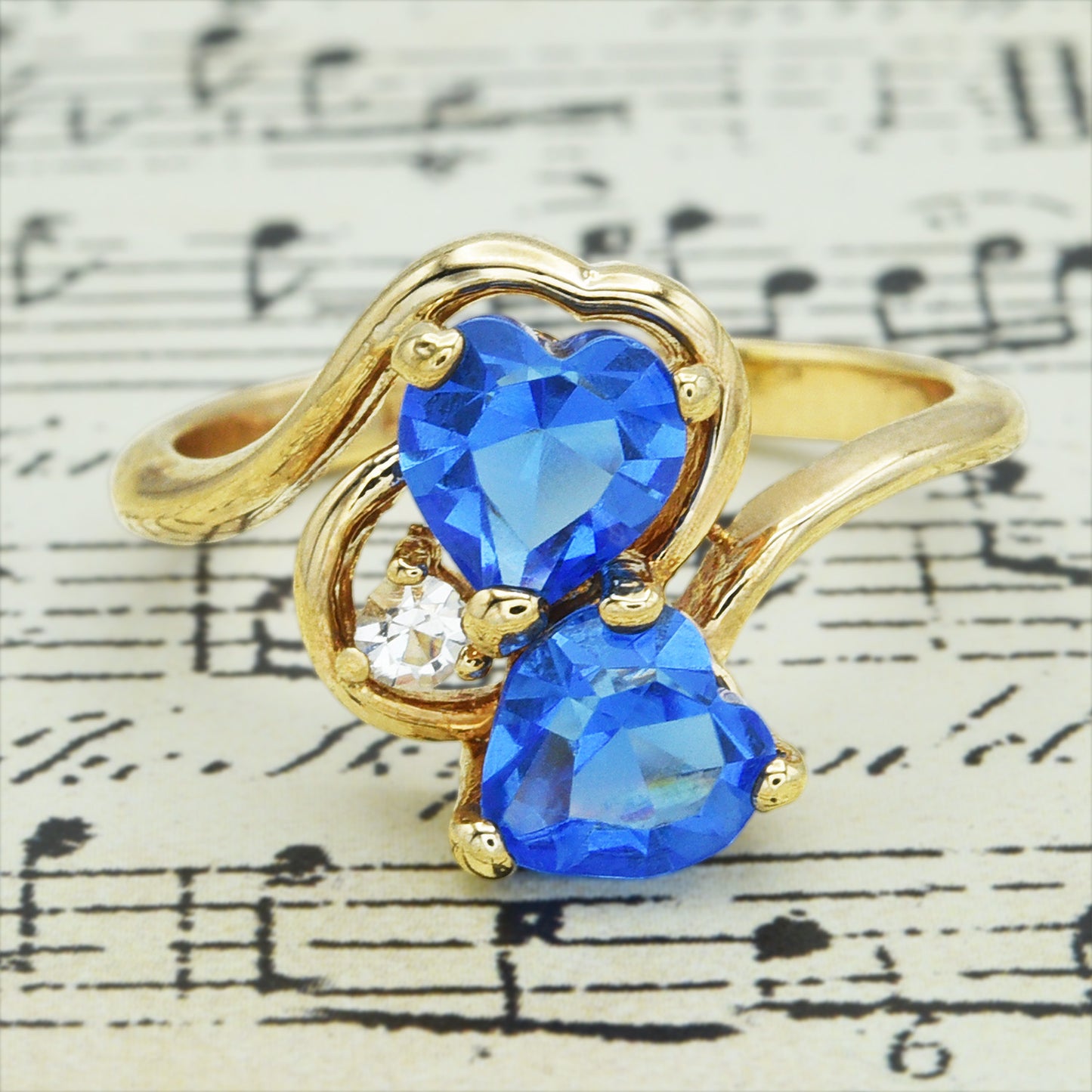 Vintage Ring Cubic Zirconia Double Heart Ring 18k Gold Antique Womans Handmade Jewelry R2342