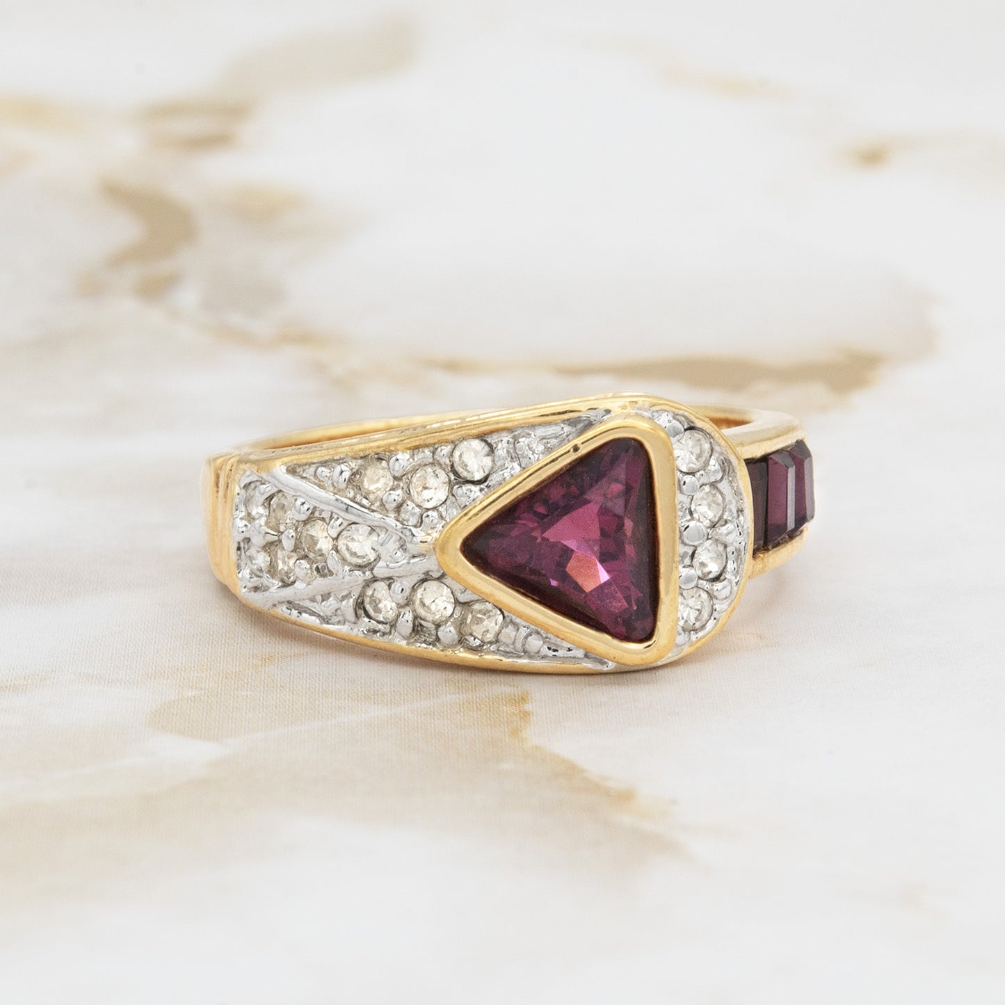 Vintage Ring Pave Trillion Cut Womens Ring Austrian Crystals Birthstone Antique 18k Gold Electroplated Band R2932