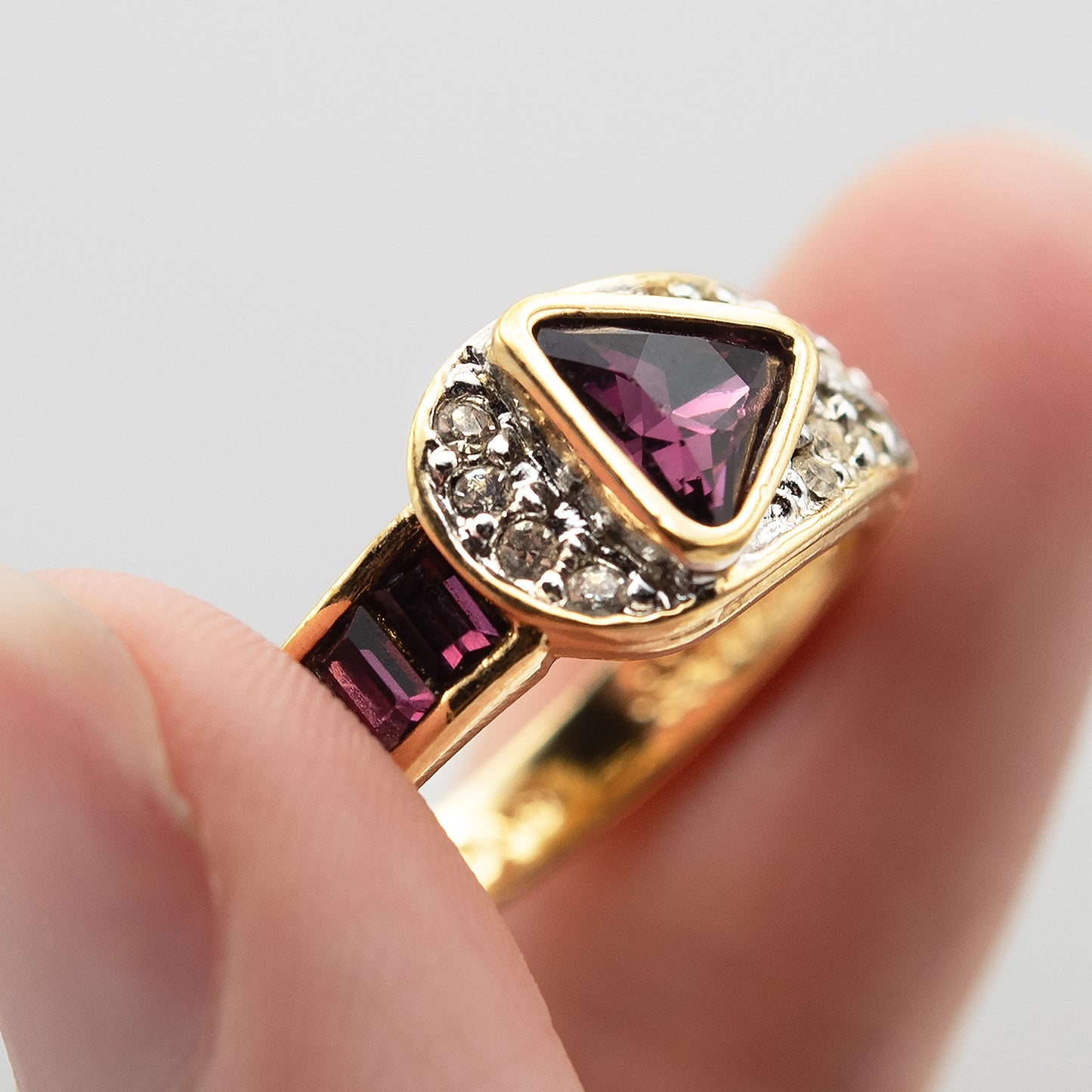 Vintage Ring Pave Trillion Cut Womens Ring Austrian Crystals Birthstone Antique 18k Gold Electroplated Band R2932