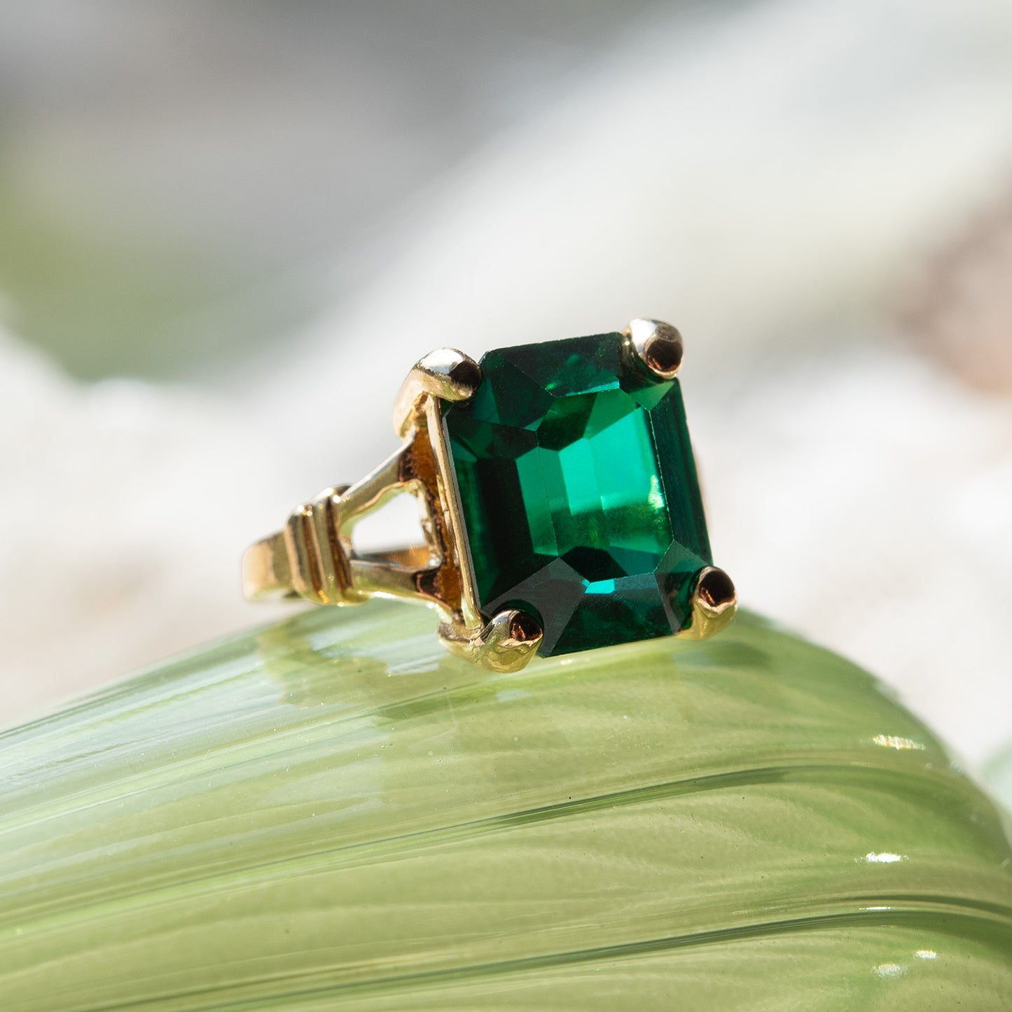 Vintage Ring Emerald Swarovski Crystal Ring 18k Gold Antique Womans Jewelry Handmade Size Emerald R3825