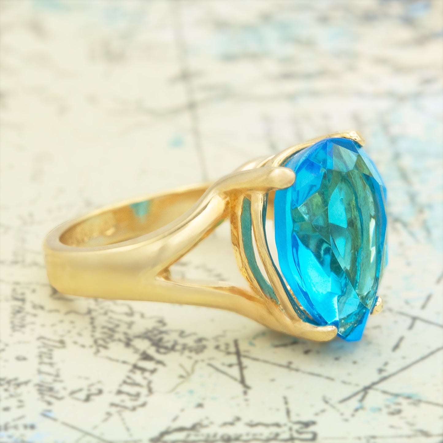 Vintage 1980s Austrian Crystal Cocktail Ring Women's 18k Gold Electroplated Made in USA March Birsthstone Statement Ring Blue