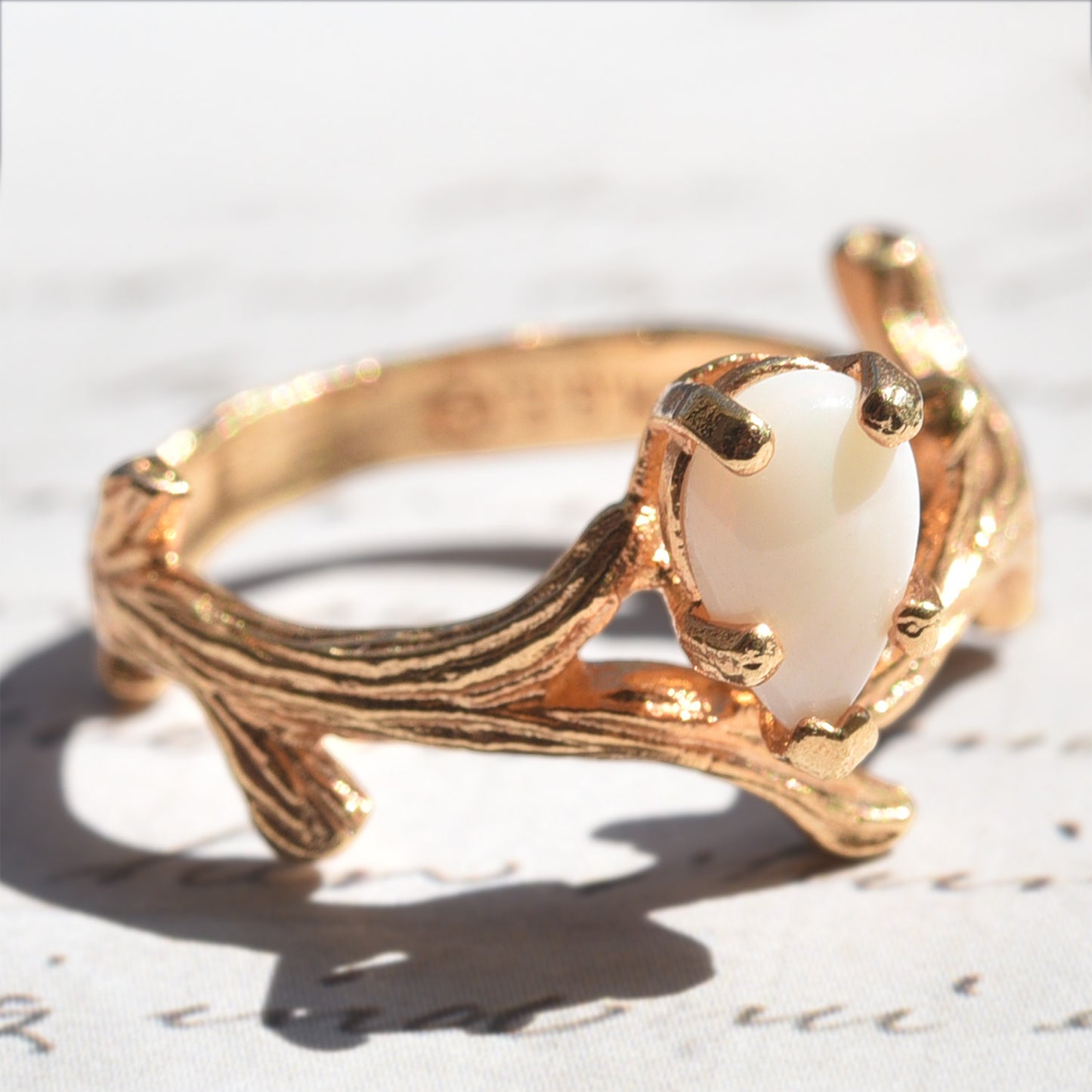 Vintage Ring Pear Shaped Genuine Opal, Jade, or Cubic Zirconia 18k Gold Twig Style Engagement Ring