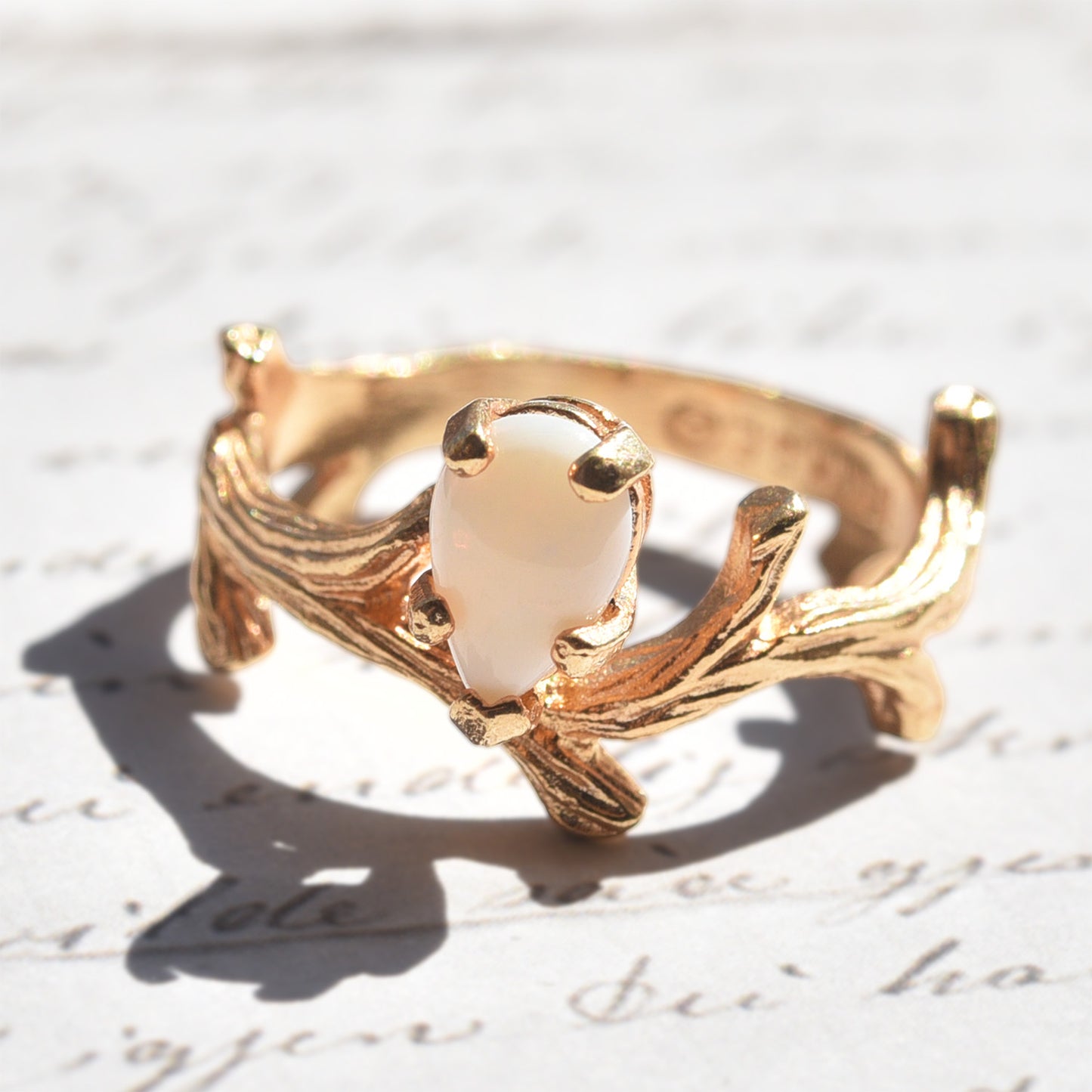 Vintage Ring Pear Shaped Genuine Opal, Jade, or Cubic Zirconia 18k Gold Twig Style Engagement Ring