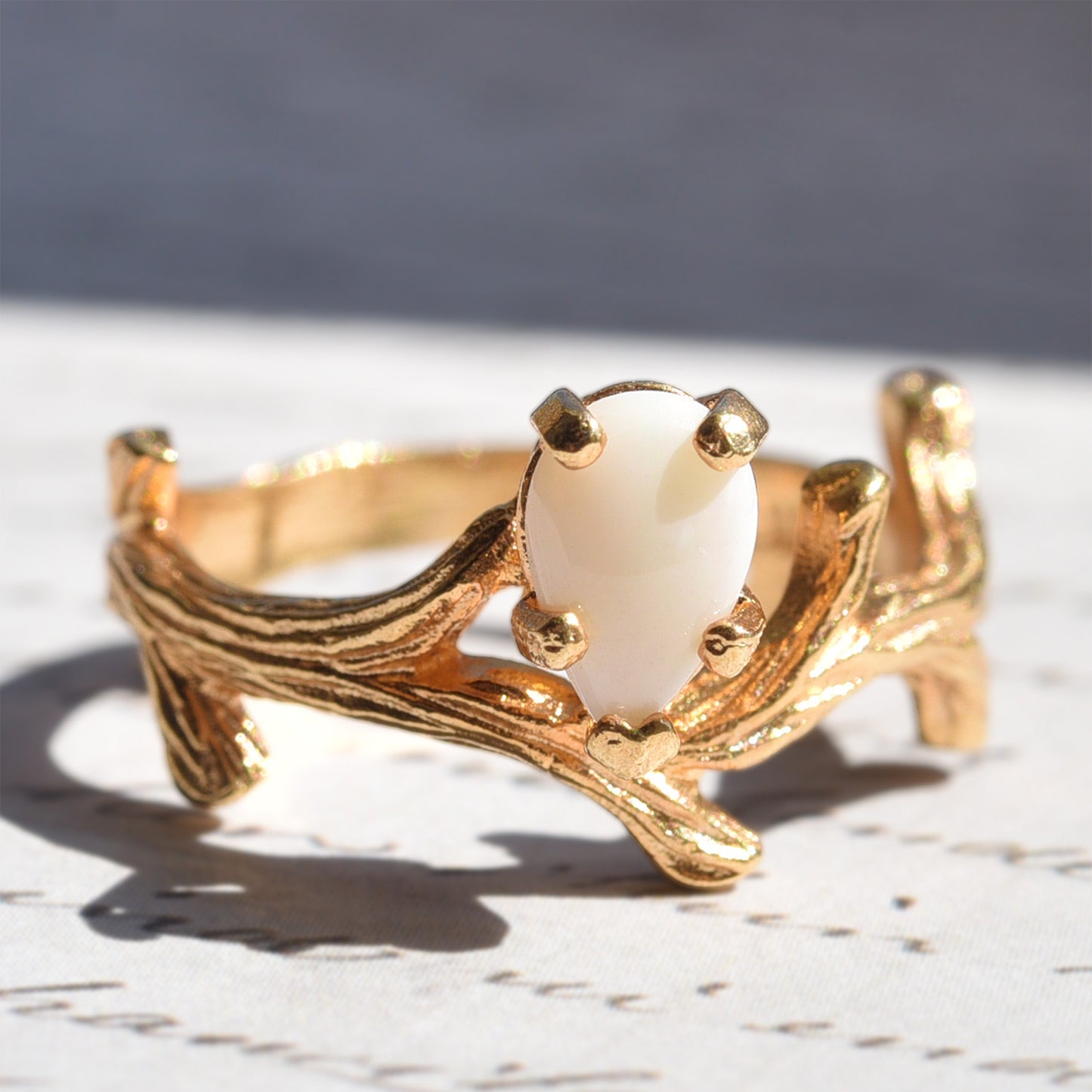 Vintage Ring Pear Shaped Genuine Opal, Jade, or Cubic Zirconia 18k Gold Twig Style Engagement Ring