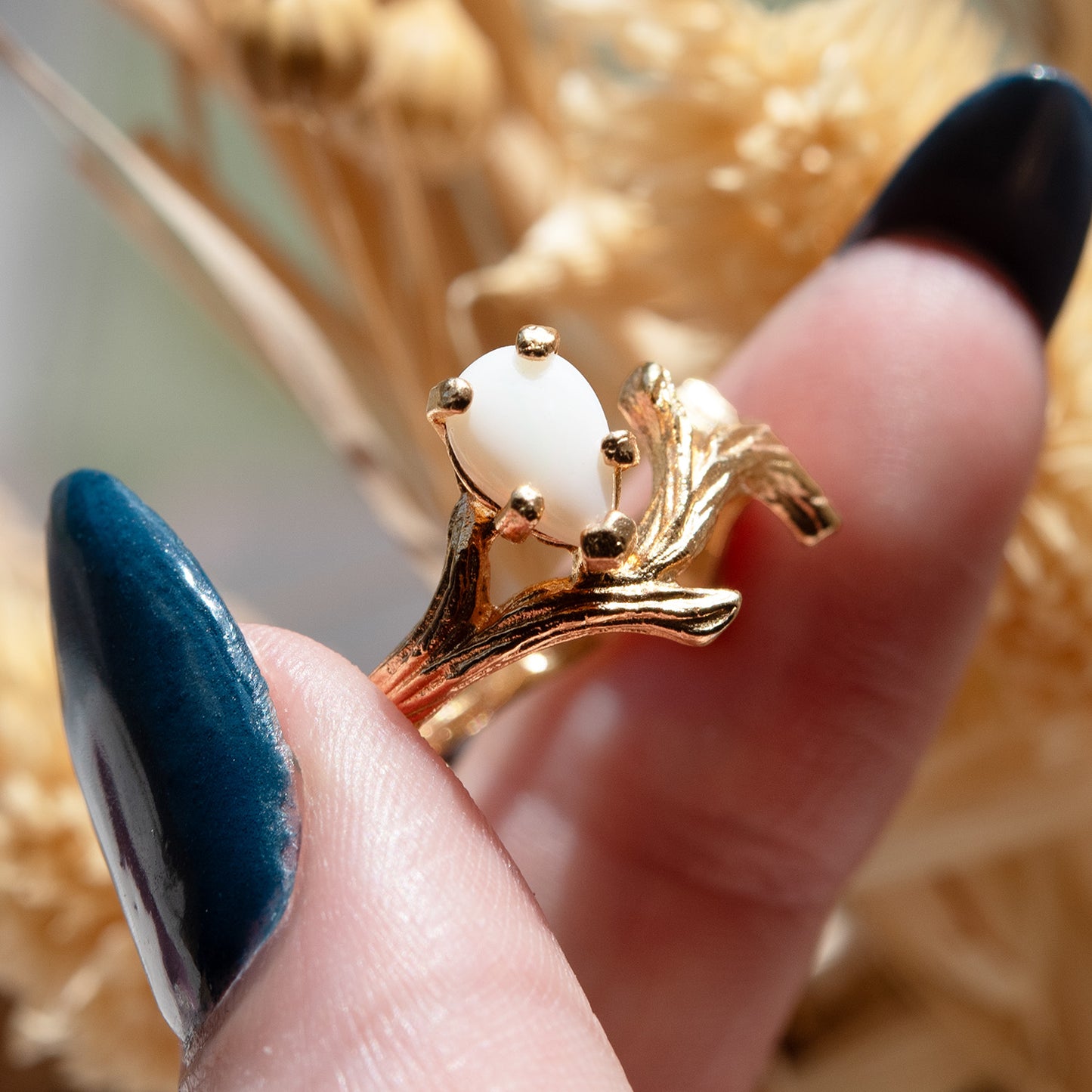 Vintage Ring Pear Shaped Genuine Opal, Jade, or Cubic Zirconia 18k Gold Twig Style Engagement Ring