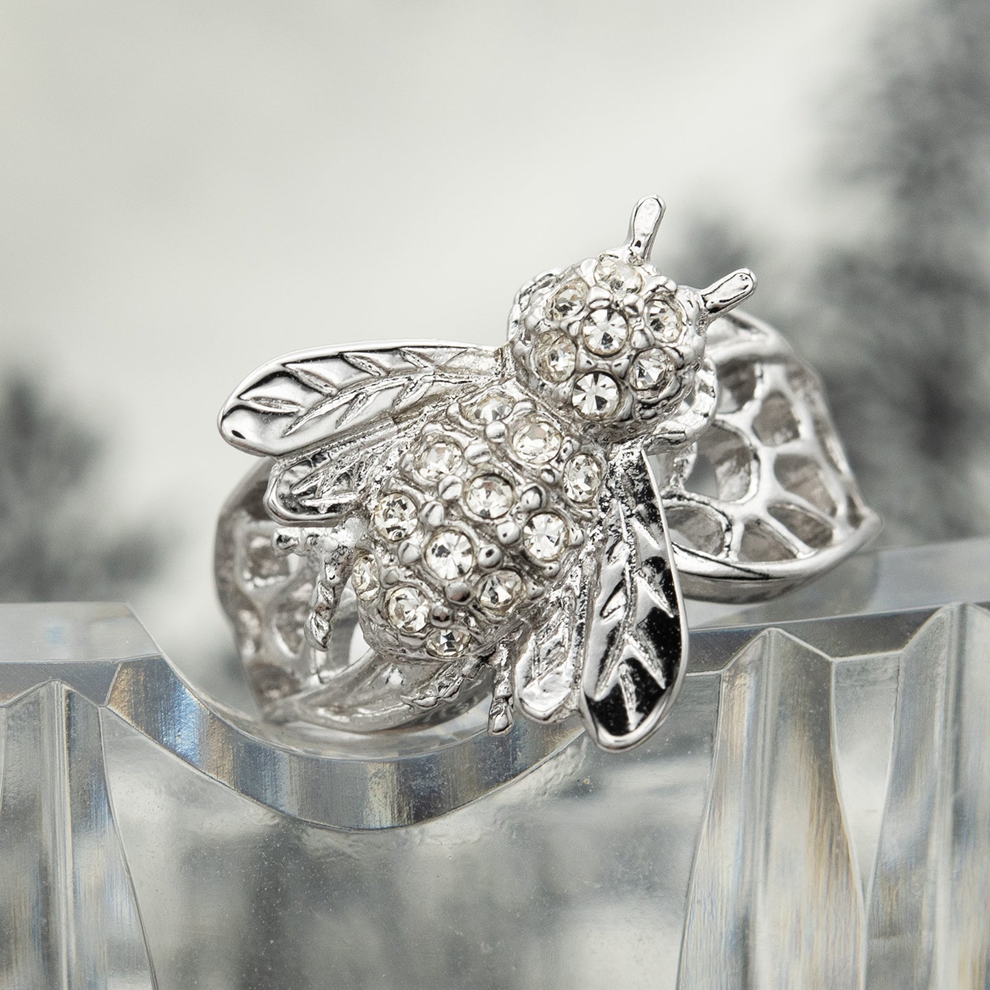 Vintage Bee Ring Austrian Crystals 18kt Gold Insect Womans Jewelry Handmade