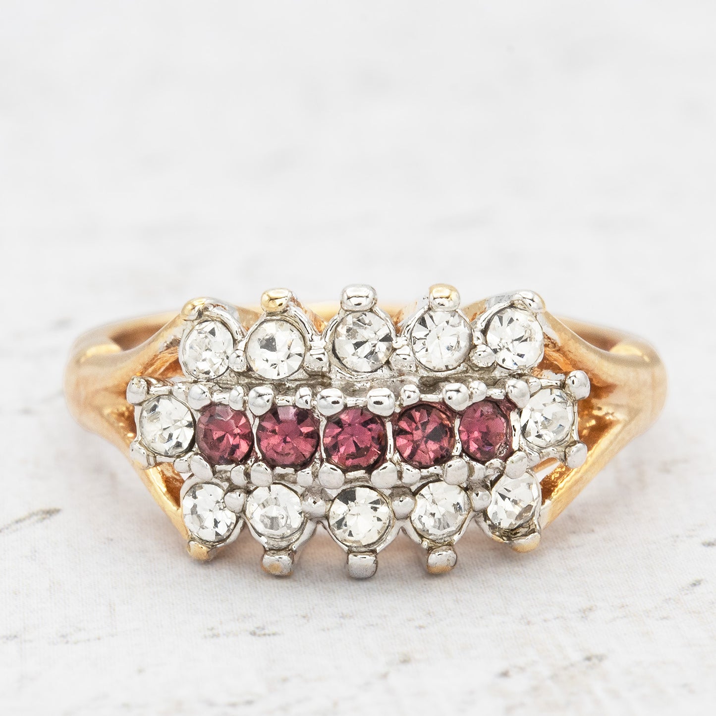 Vintage Austrian Crystal Cocktail Ring 18k Gold Electroplated Womans Jewelry