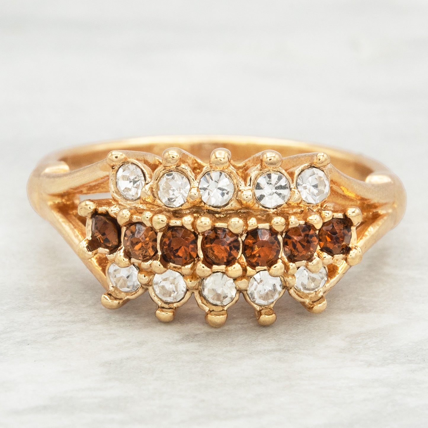 Vintage Austrian Crystal Cocktail Ring 18k Gold Electroplated Womans Jewelry