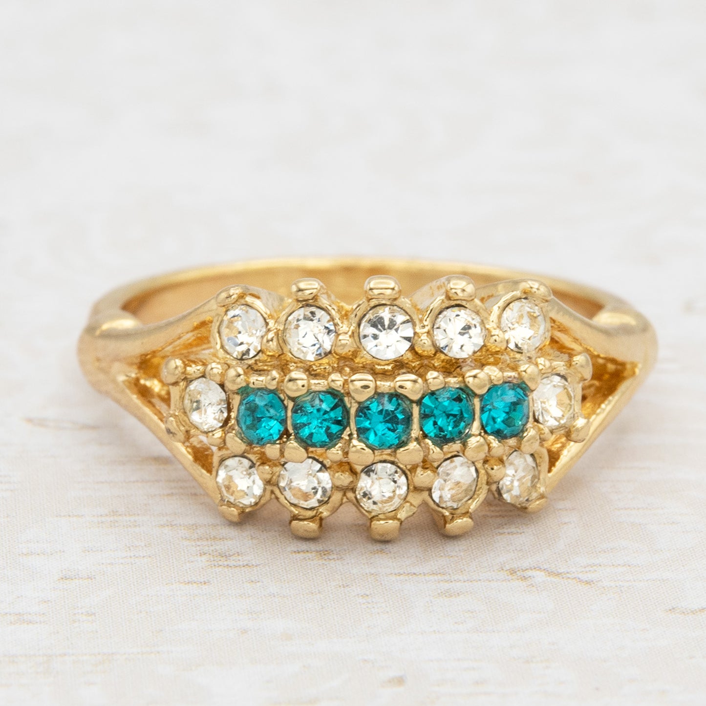 Vintage Austrian Crystal Cocktail Ring 18k Gold Electroplated Womans Jewelry