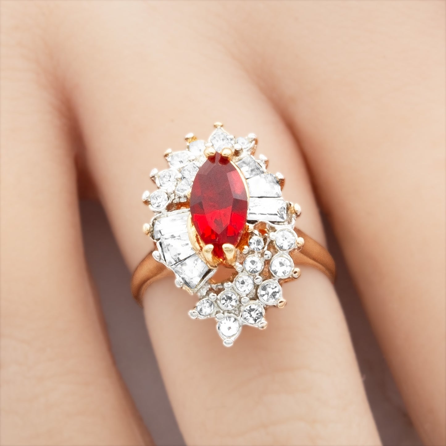 Vintage 1970's Austrian Crystals 18k White Gold Electroplated Ring Made in USA