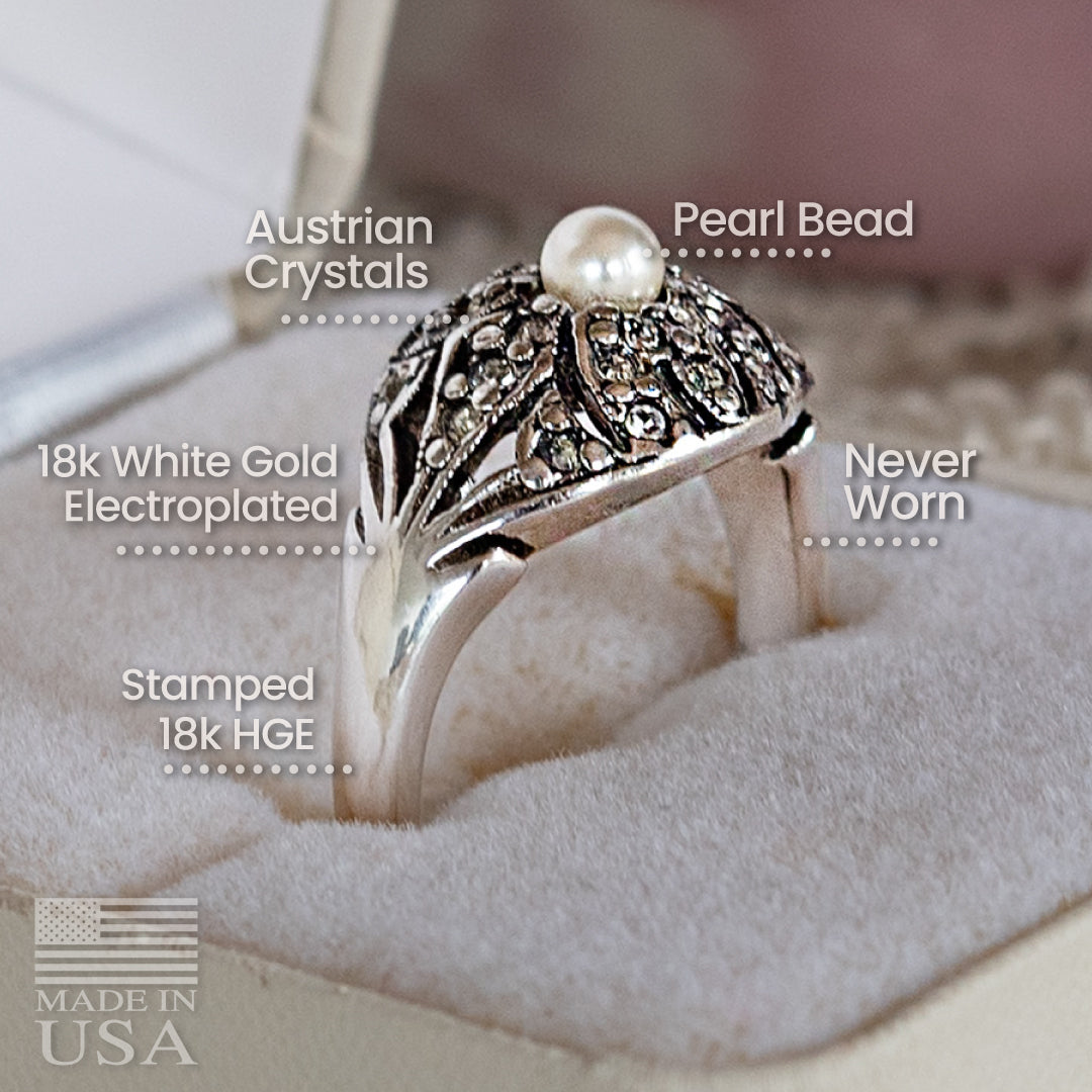 Vintage Ring 18k White Gold Electroplated Edwardian Style Austrian Crystals Princess Ring Gold Statement Womans Rings Antique Jewlery