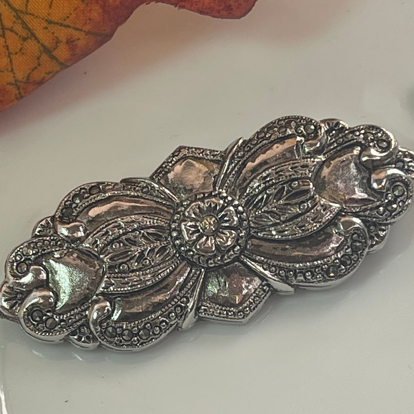 Vintage Brooch Victorian Era Pin Design Diamond Chip Stone with 20 Genuine Marcasite Stones, 18kt White Gold Electroplated Antique Design