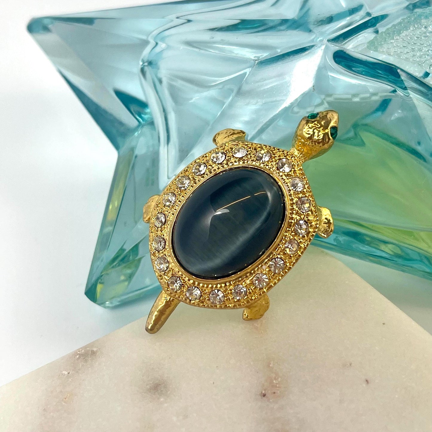 Hand Crafted Turtle Pin Genuine Gray Cat's Eye Surrounded by Clear Austrian Crystals and Emerald Crystal Eyes Antique Brooch for Women
