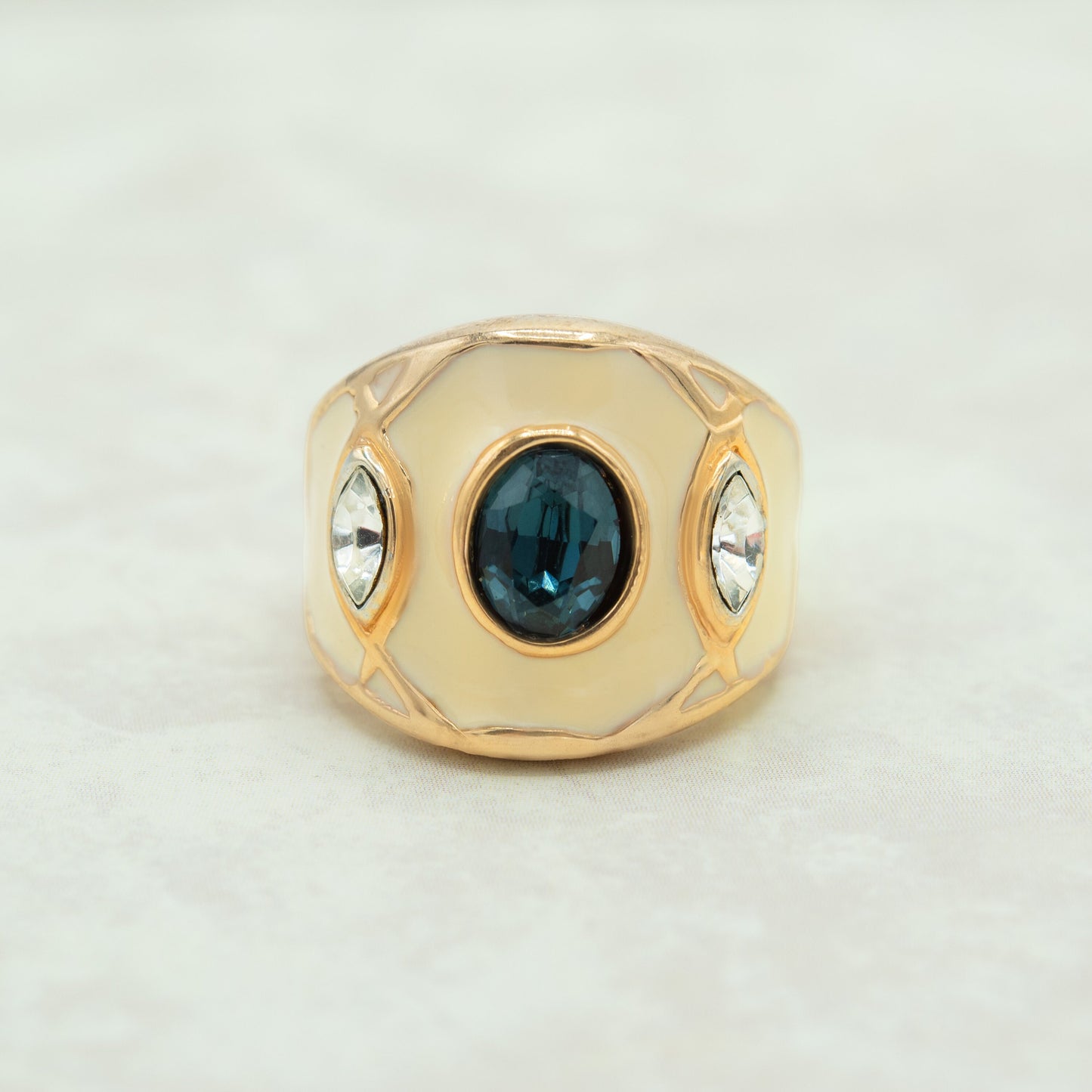 Vintage 1980s White Enamel set with Sapphire and Clear Crystals Band 18k Yellow Gold Electroplated